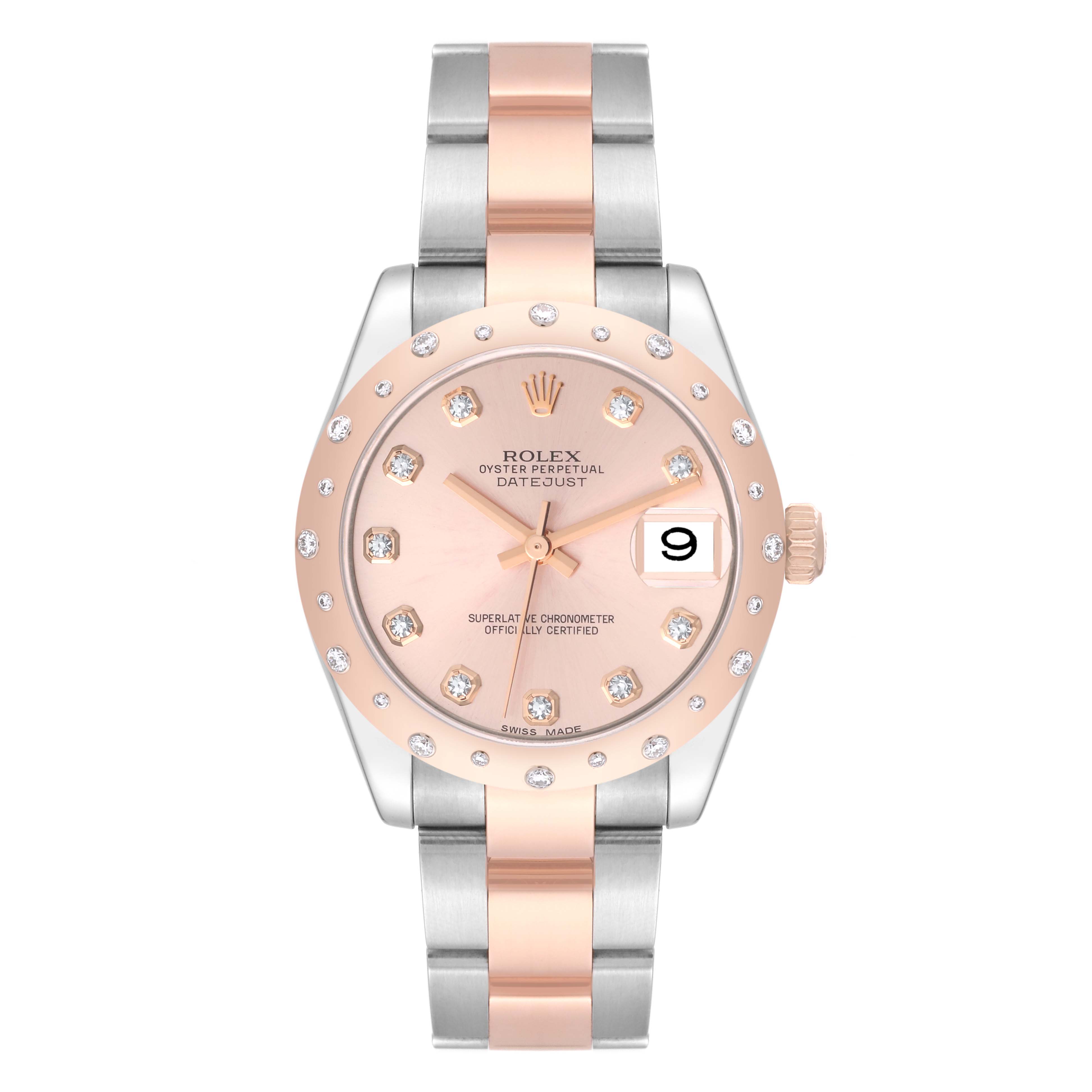 This is a front view of the Mid-Size Rolex Datejust, showcasing its dial, bezel, bracelet, and crown.