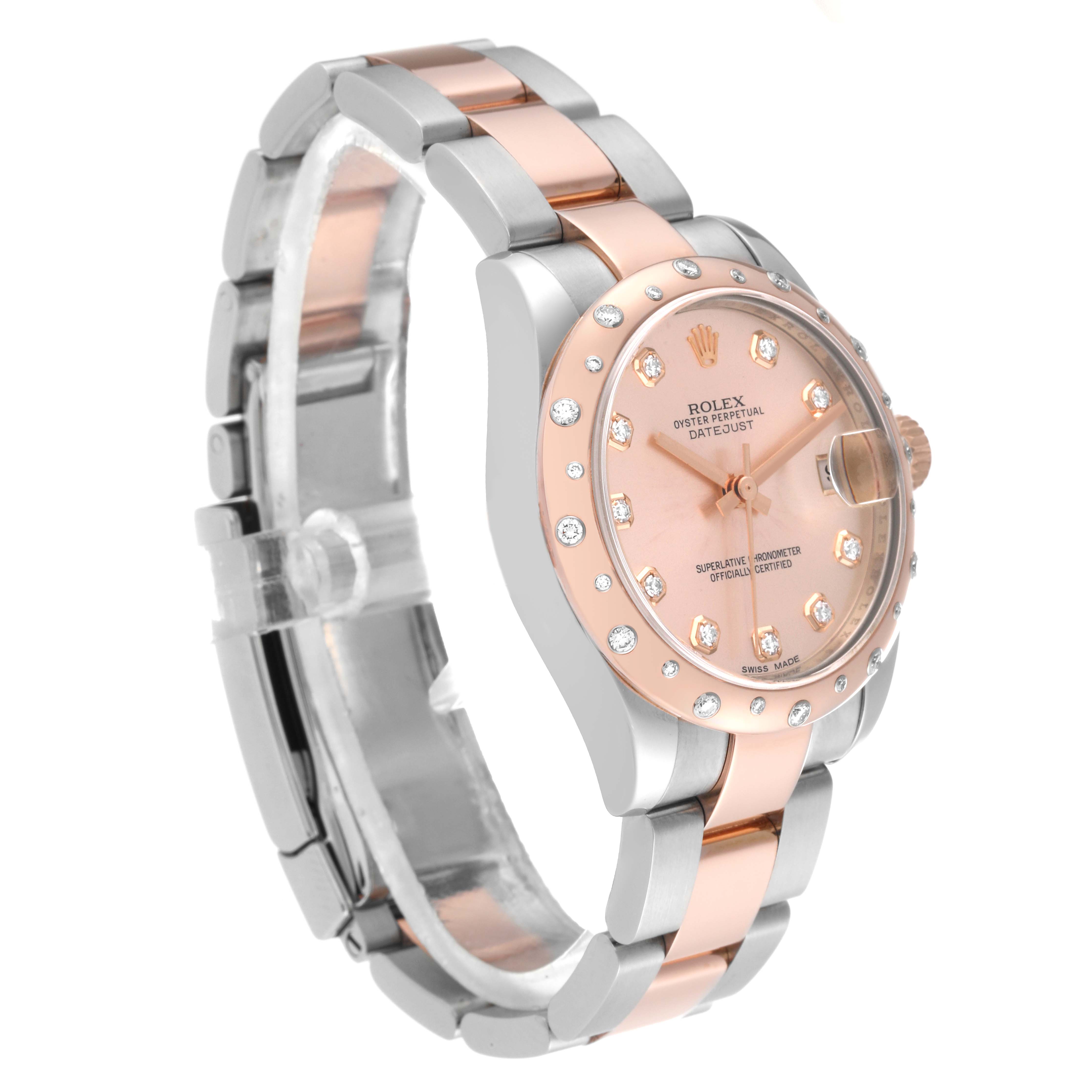 This Rolex Mid-Size 178341 Women's Steel and Gold (two tone) Pink Dial 178341 Women's Steel and Gold (two tone) Pink Dial Oyster Perpetual Datejust is shown from an angled side view, highlighting the dial, case, and bracelet.