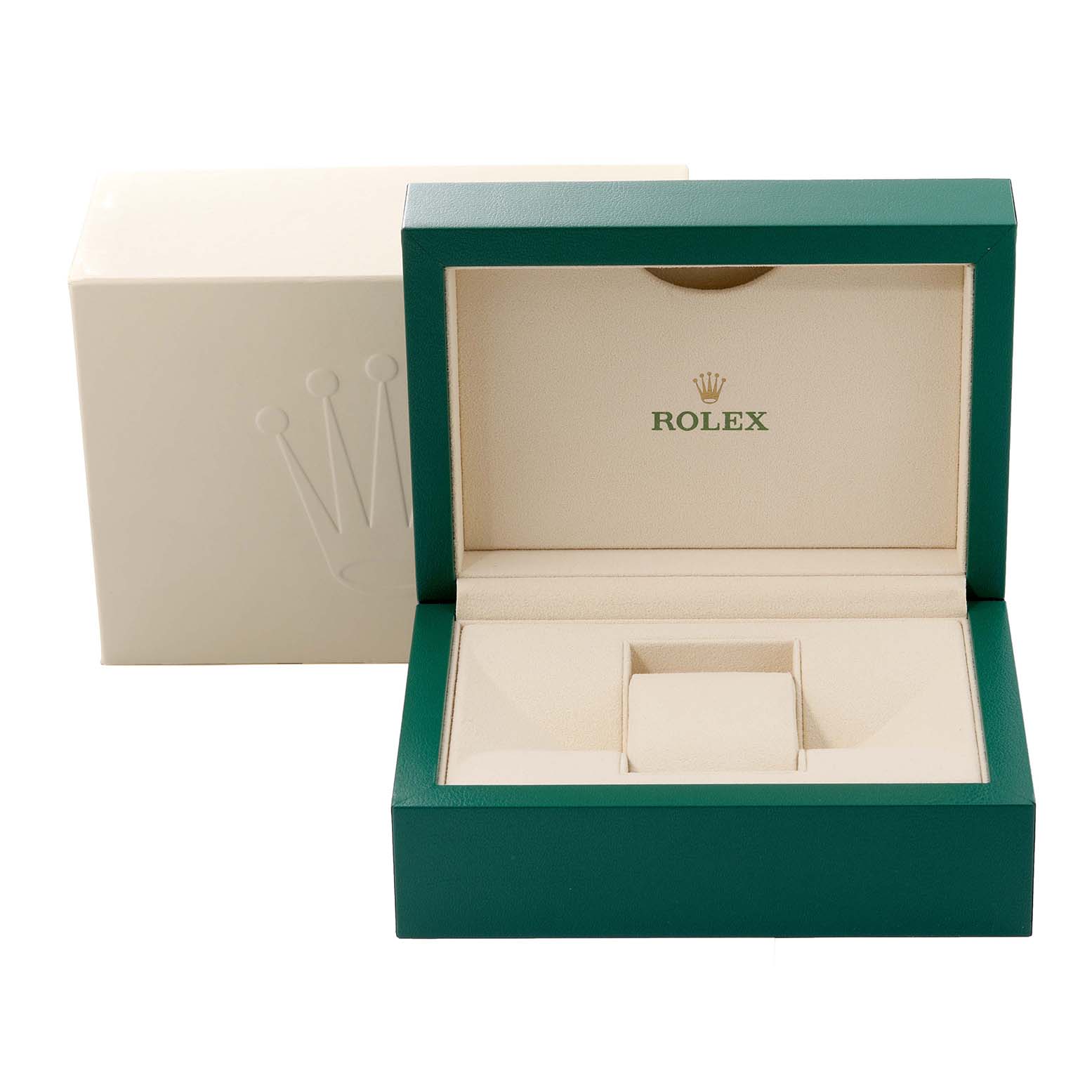 This image shows the open box and outer packaging for a Mid-Size Rolex watch, displaying the brand's logo and cushioned interior.