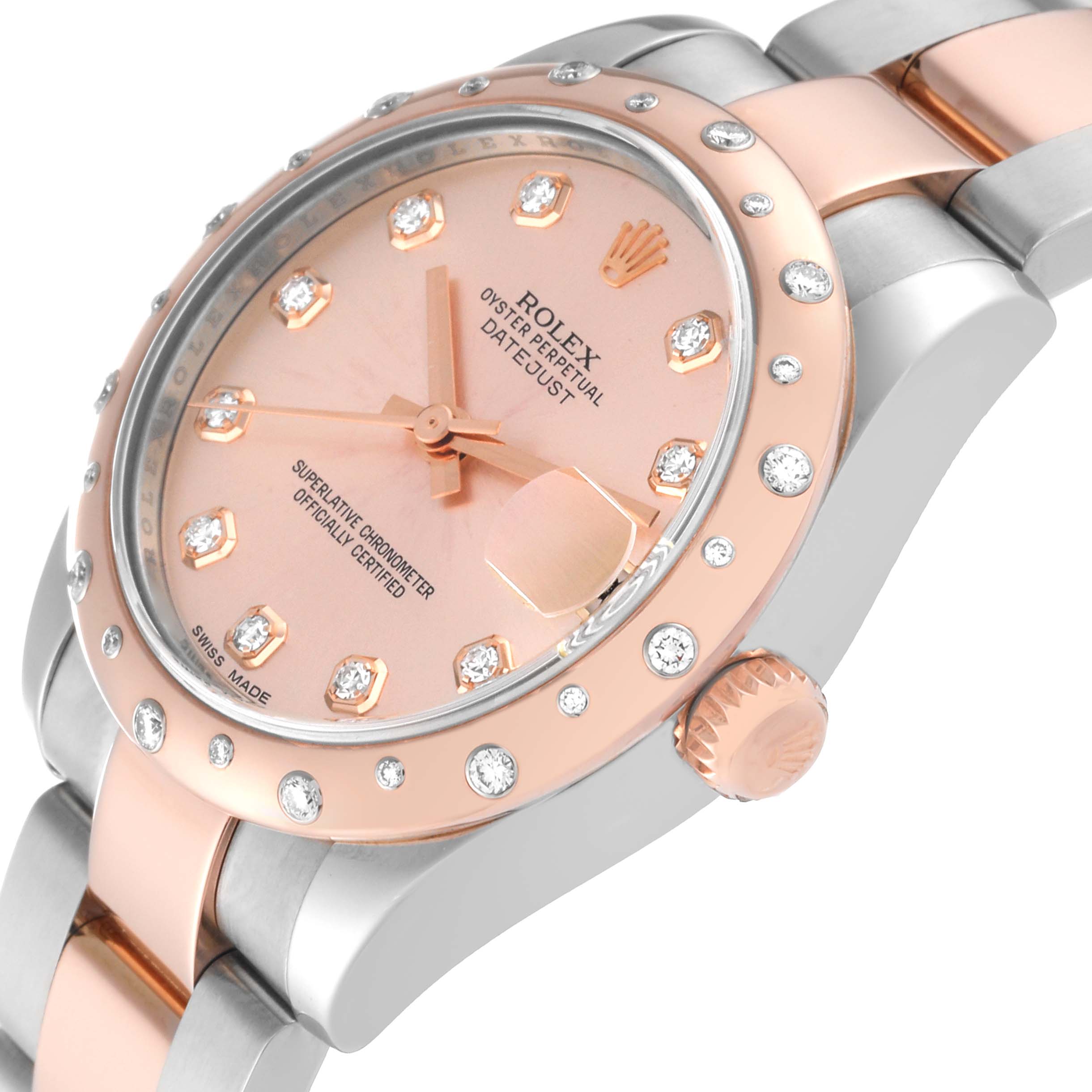 This image shows a Rolex Oyster Perpetual Datejust mid-size model from an oblique angle, highlighting the dial, bezel, and crown.