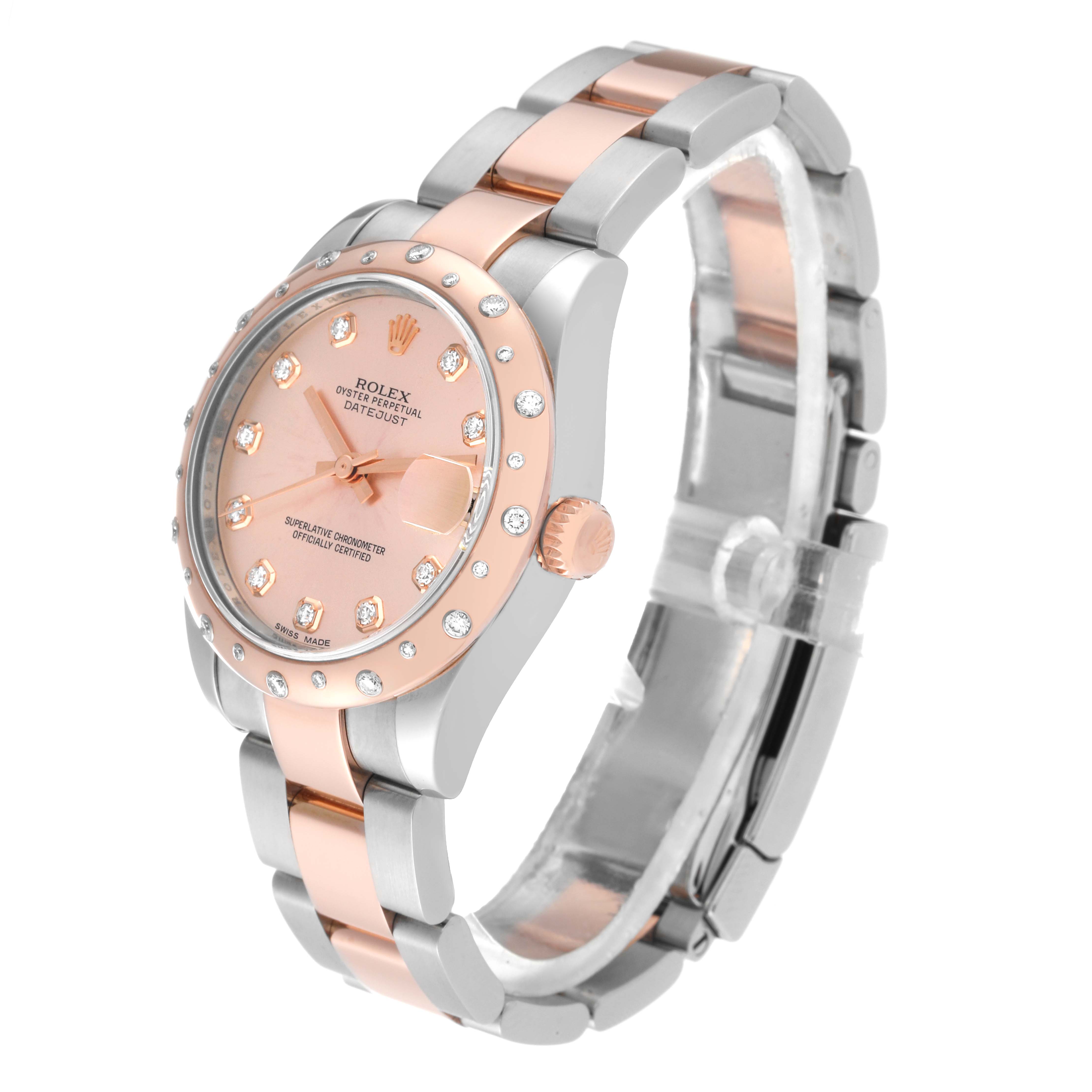 The image shows a Rolex Mid-Size 178341 Women's Steel and Gold (two tone) Pink Dial 178341 Women's Steel and Gold (two tone) Pink Dial model watch at a three-quarter angle, highlighting the dial, bezel, and bracelet.