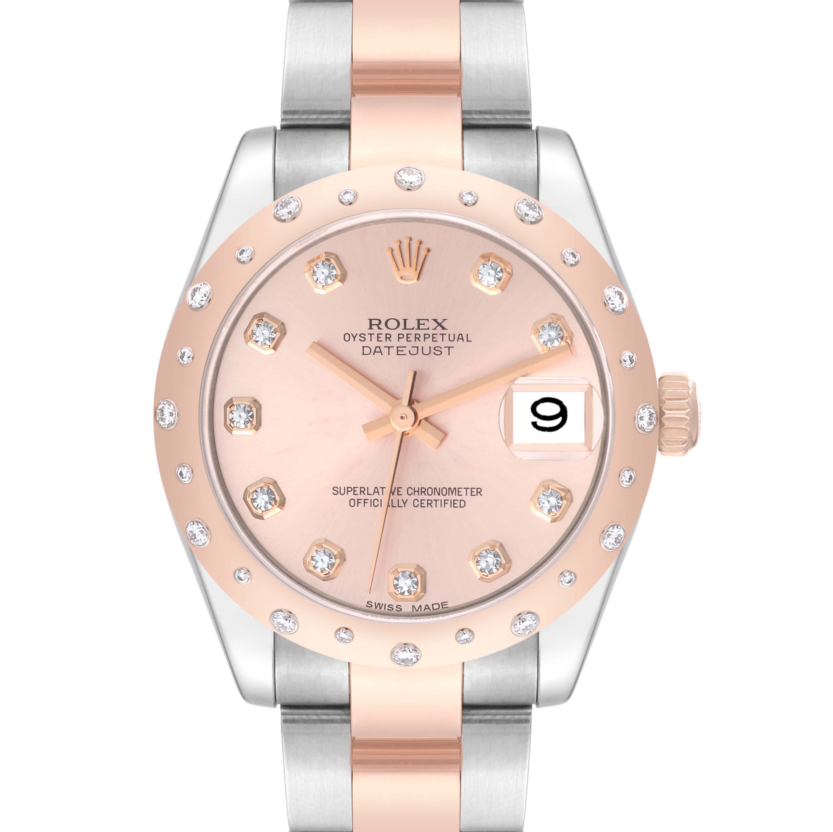 This Rolex Mid-Size 178341 Women's Steel and Gold (two tone) Pink Dial 178341 Women's Steel and Gold (two tone) Pink Dial Datejust watch is shown from the front, highlighting its pink dial, diamond markers, and two-tone bracelet.