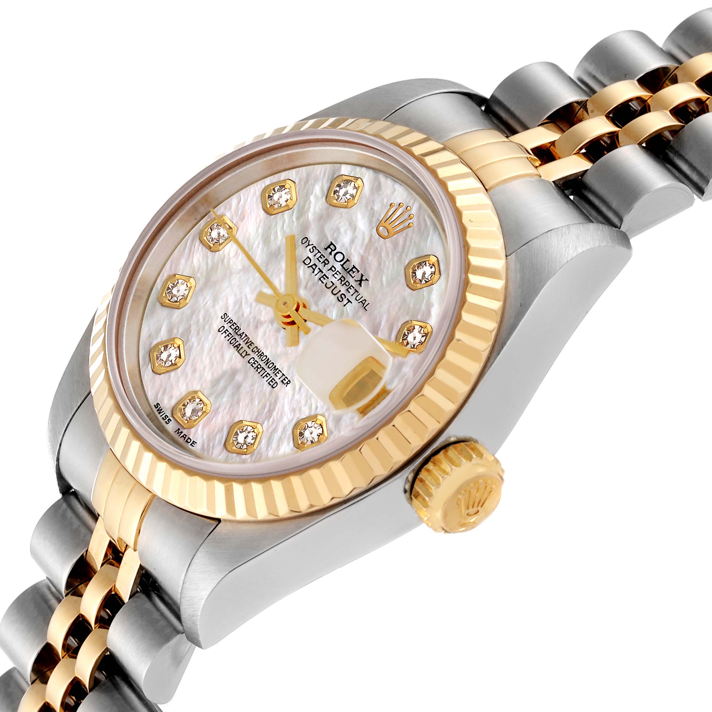 The image shows a Rolex Datejust 69173 Women's Steel and Gold (two tone) Mother of Pearl Dial 69173 Women's Steel and Gold (two tone) Mother of Pearl Dial watch at an angle highlighting the dial, crown, and part of the band.