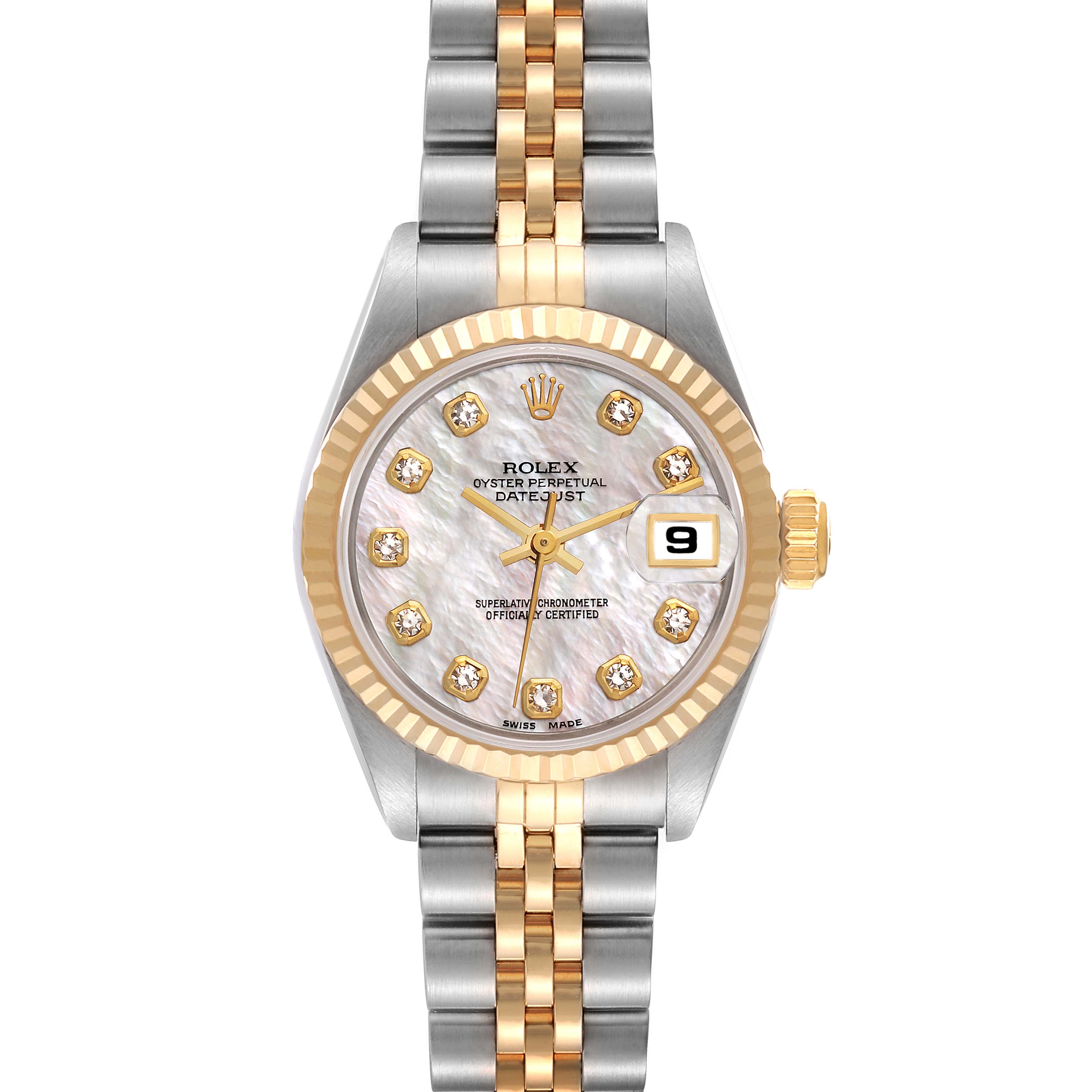 This Rolex Datejust 69173 Women's Steel and Gold (two tone) Mother of Pearl Dial 69173 Women's Steel and Gold (two tone) Mother of Pearl Dial watch is shown from the front, displaying its face, bezel, and two-tone bracelet.