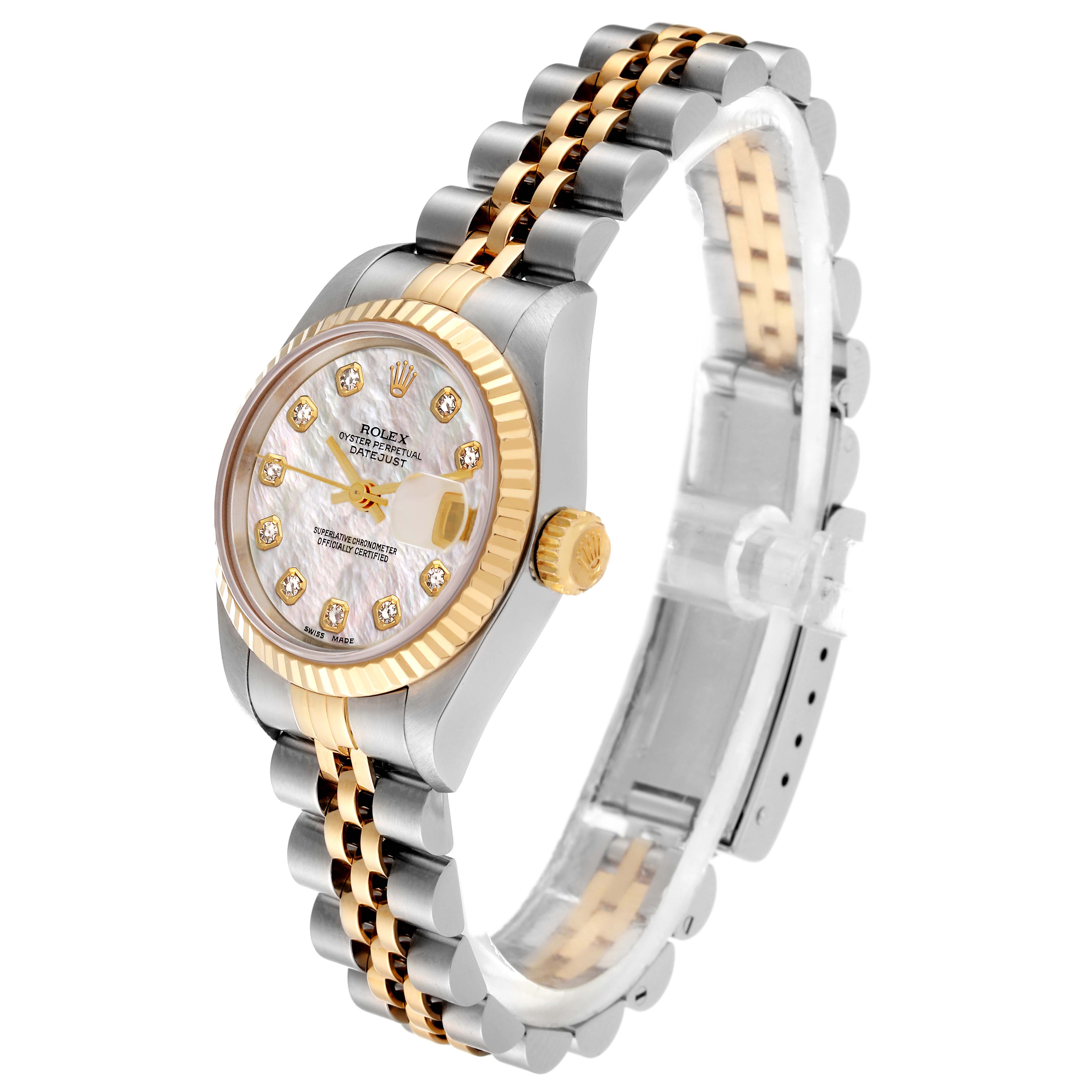 The Rolex Datejust 69173 Women's Steel and Gold (two tone) Mother of Pearl Dial 69173 Women's Steel and Gold (two tone) Mother of Pearl Dial watch is shown at a three-quarter angle, highlighting the bracelet, dial, and crown.