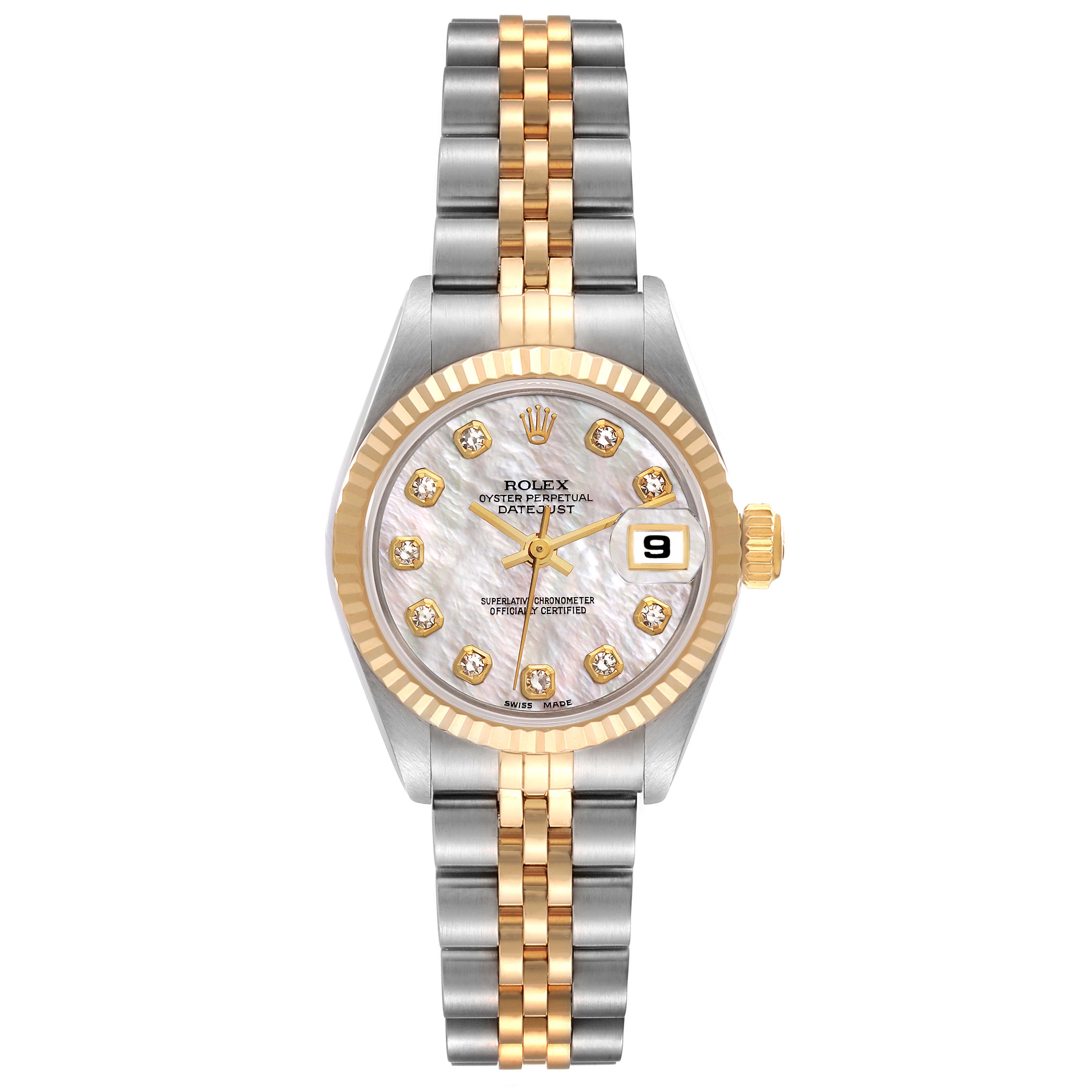 The image shows a front view of a Rolex Datejust 69173 Women's Steel and Gold (two tone) Mother of Pearl Dial 69173 Women's Steel and Gold (two tone) Mother of Pearl Dial watch, featuring its face, dial, and two-tone bracelet.