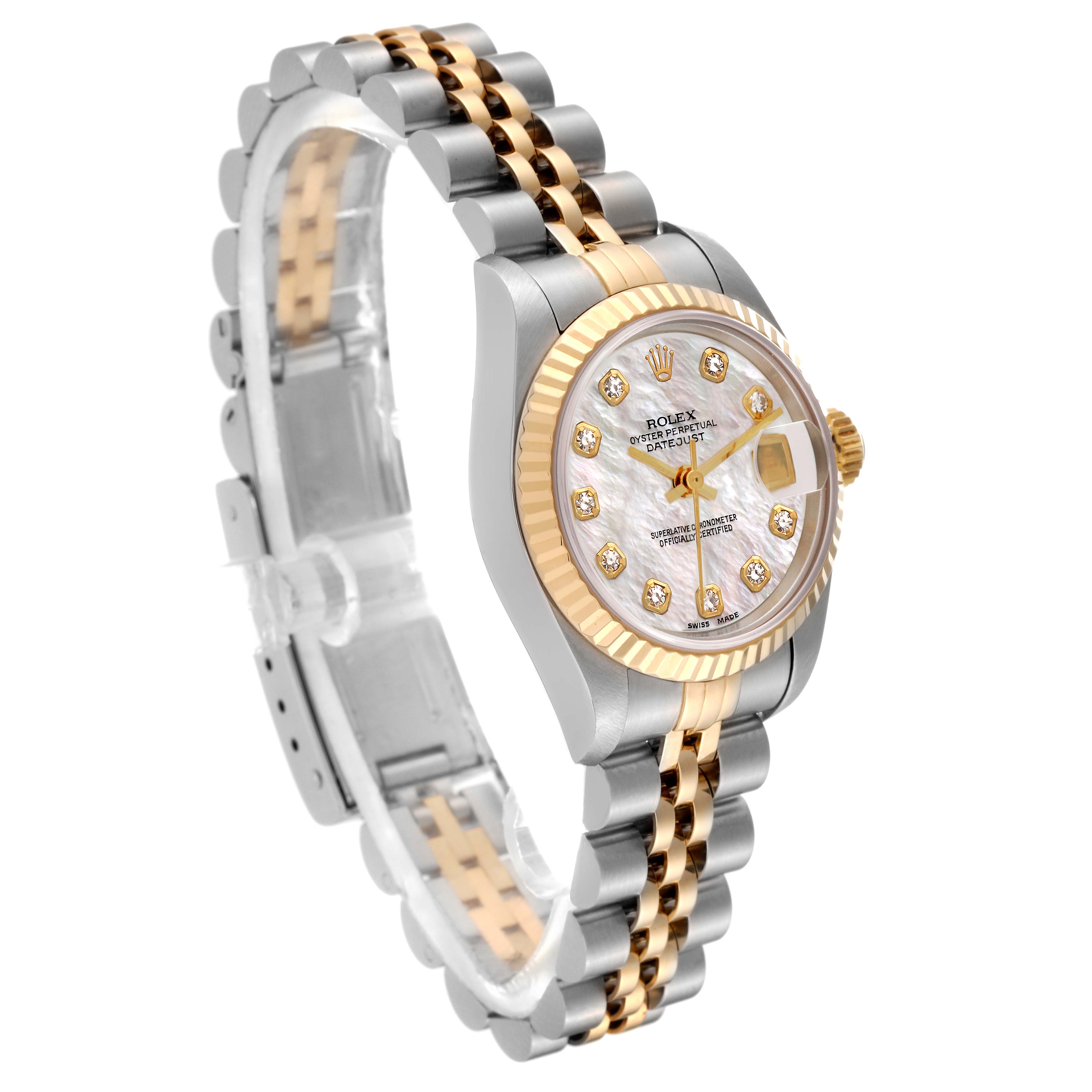 The image shows a side angle of a Rolex Datejust 69173 Women's Steel and Gold (two tone) Mother of Pearl Dial 69173 Women's Steel and Gold (two tone) Mother of Pearl Dial watch, highlighting its two-tone bracelet and diamond-accented dial.
