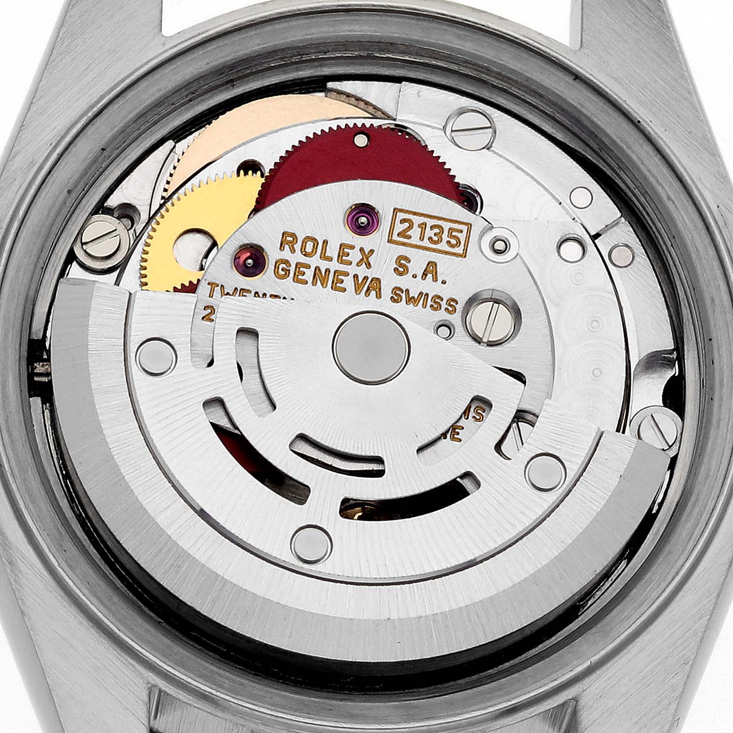 The image shows the internal mechanism of the Rolex Datejust 69173 Women's Steel and Gold (two tone) Mother of Pearl Dial 69173 Women's Steel and Gold (two tone) Mother of Pearl Dial watch viewed from the back.