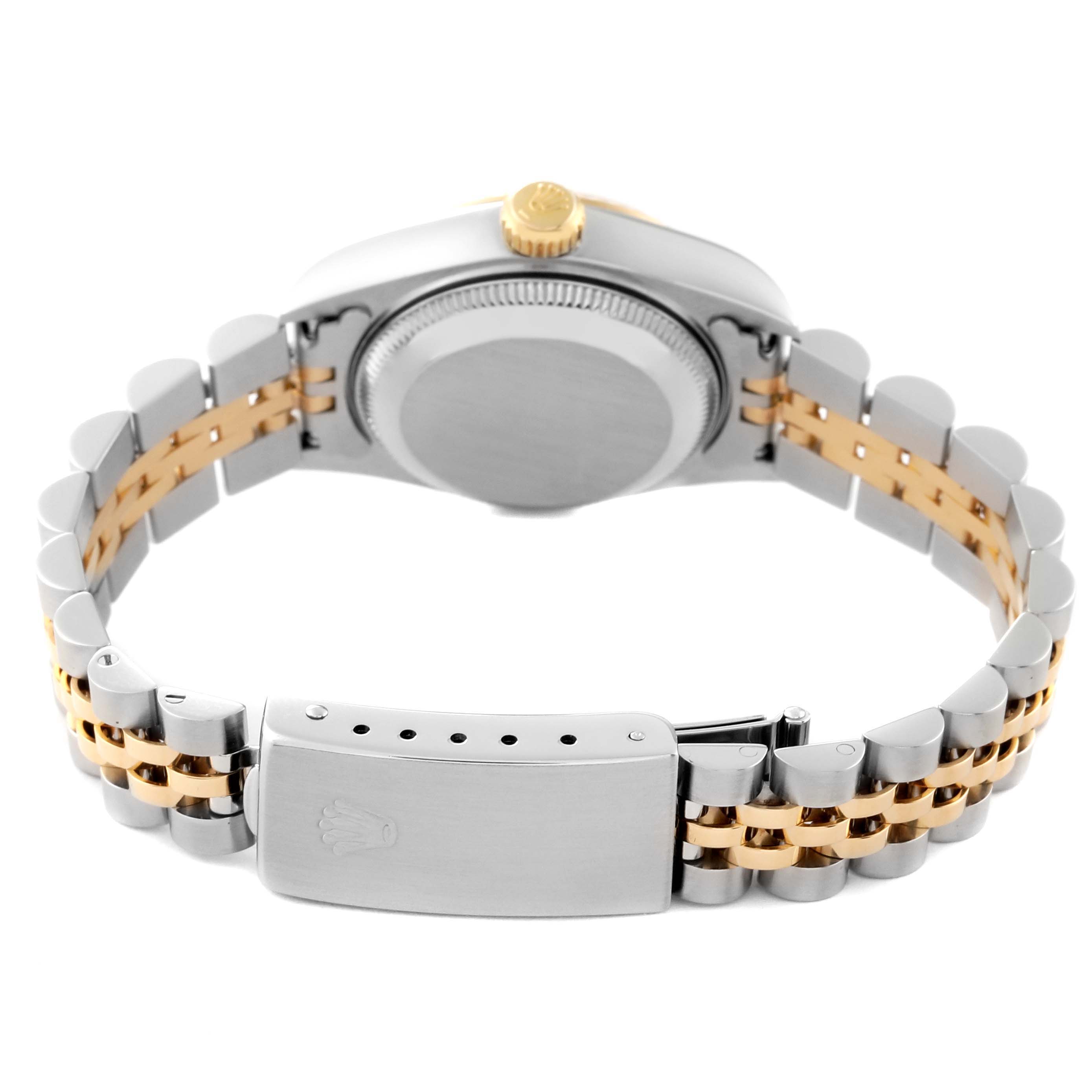 The image shows the back view of a Rolex Datejust 69173 Women's Steel and Gold (two tone) Mother of Pearl Dial 69173 Women's Steel and Gold (two tone) Mother of Pearl Dial watch, highlighting its two-tone bracelet and clasp.