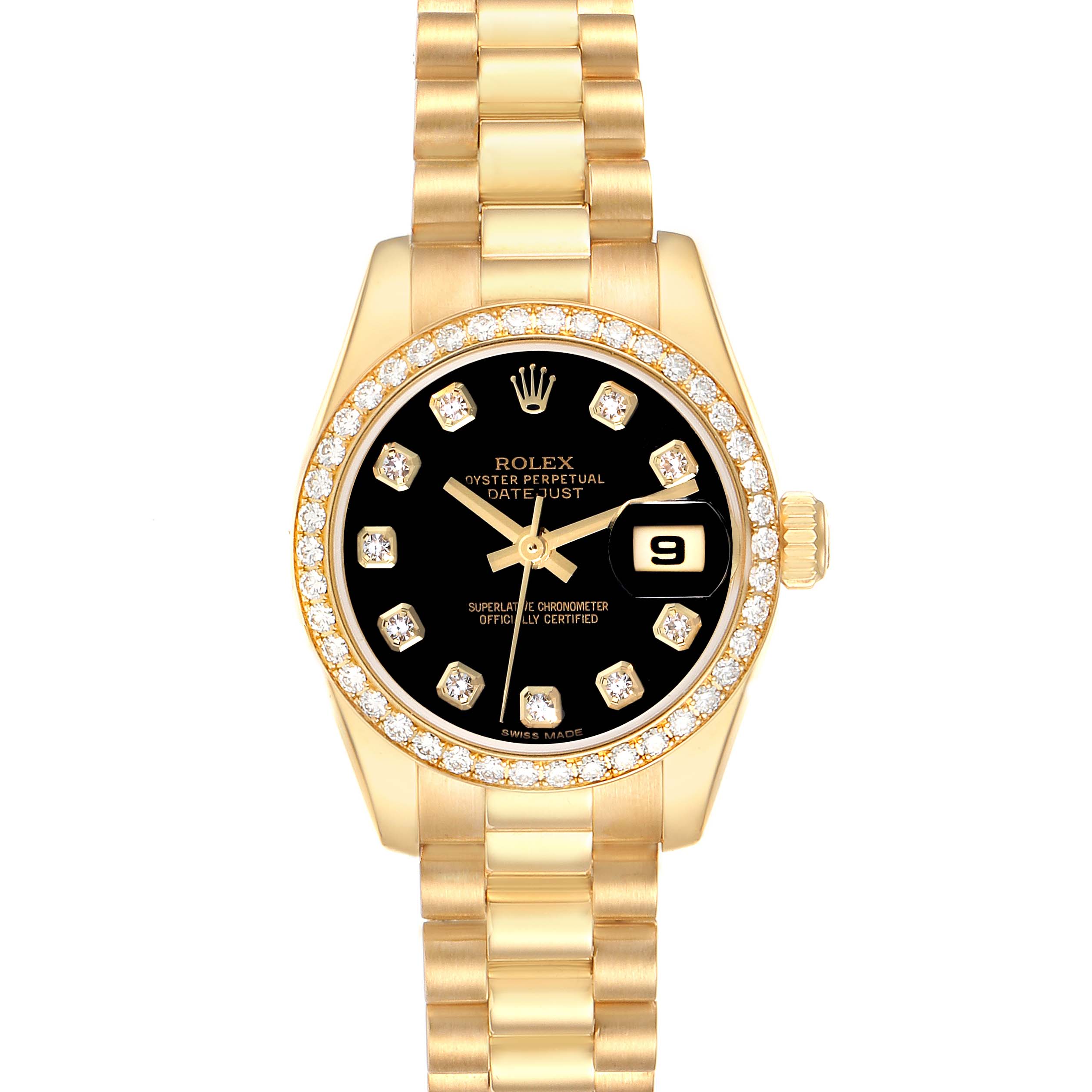 This image shows the front view of a Rolex President 179138 Women's Yellow Gold Black Dial 179138 Women's Yellow Gold Black Dial model watch with a gold band, diamond bezel, and black dial with date display.