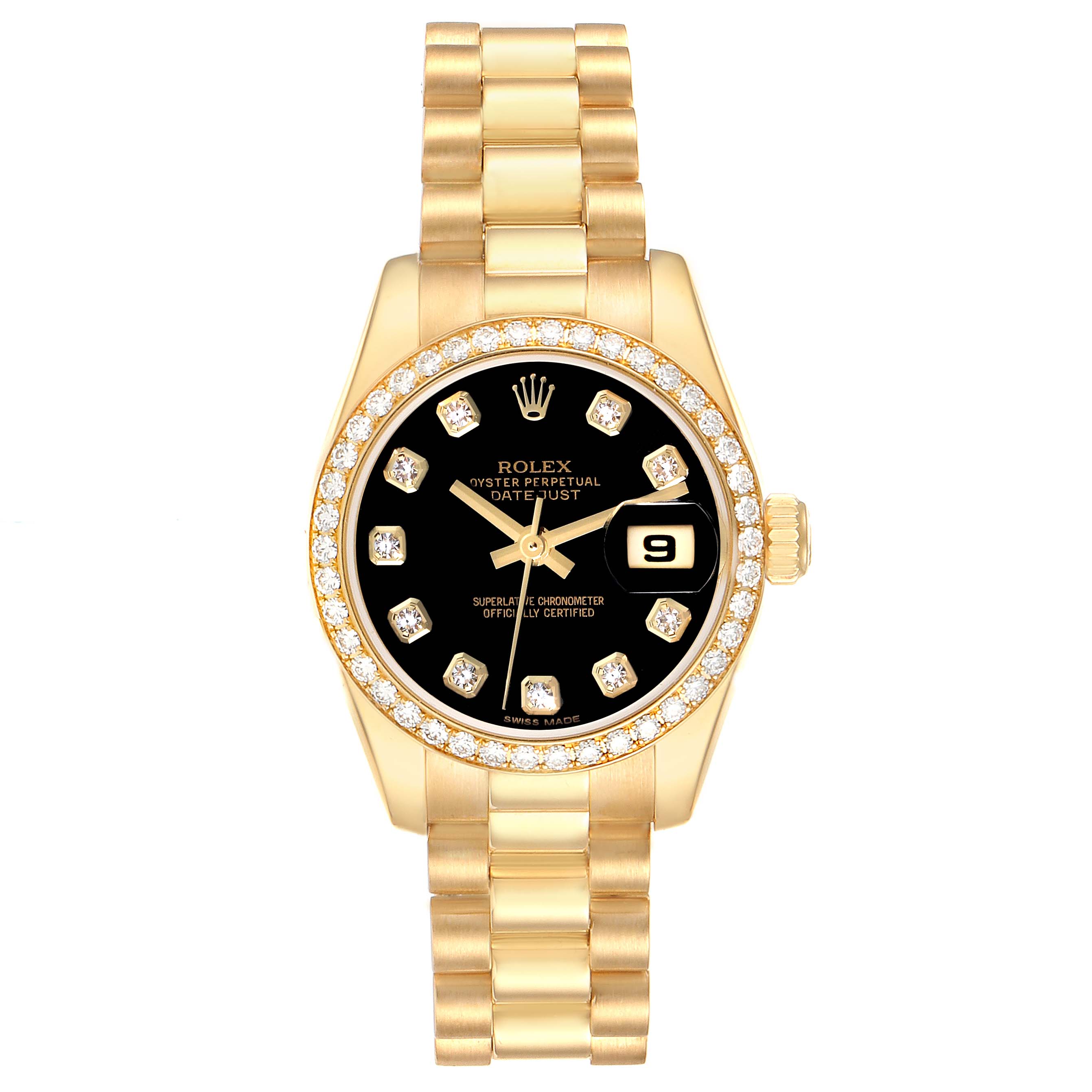 The Rolex President 179138 Women's Yellow Gold Black Dial 179138 Women's Yellow Gold Black Dial model watch is shown from the front, displaying its face, dial, bezel with diamonds, and bracelet.