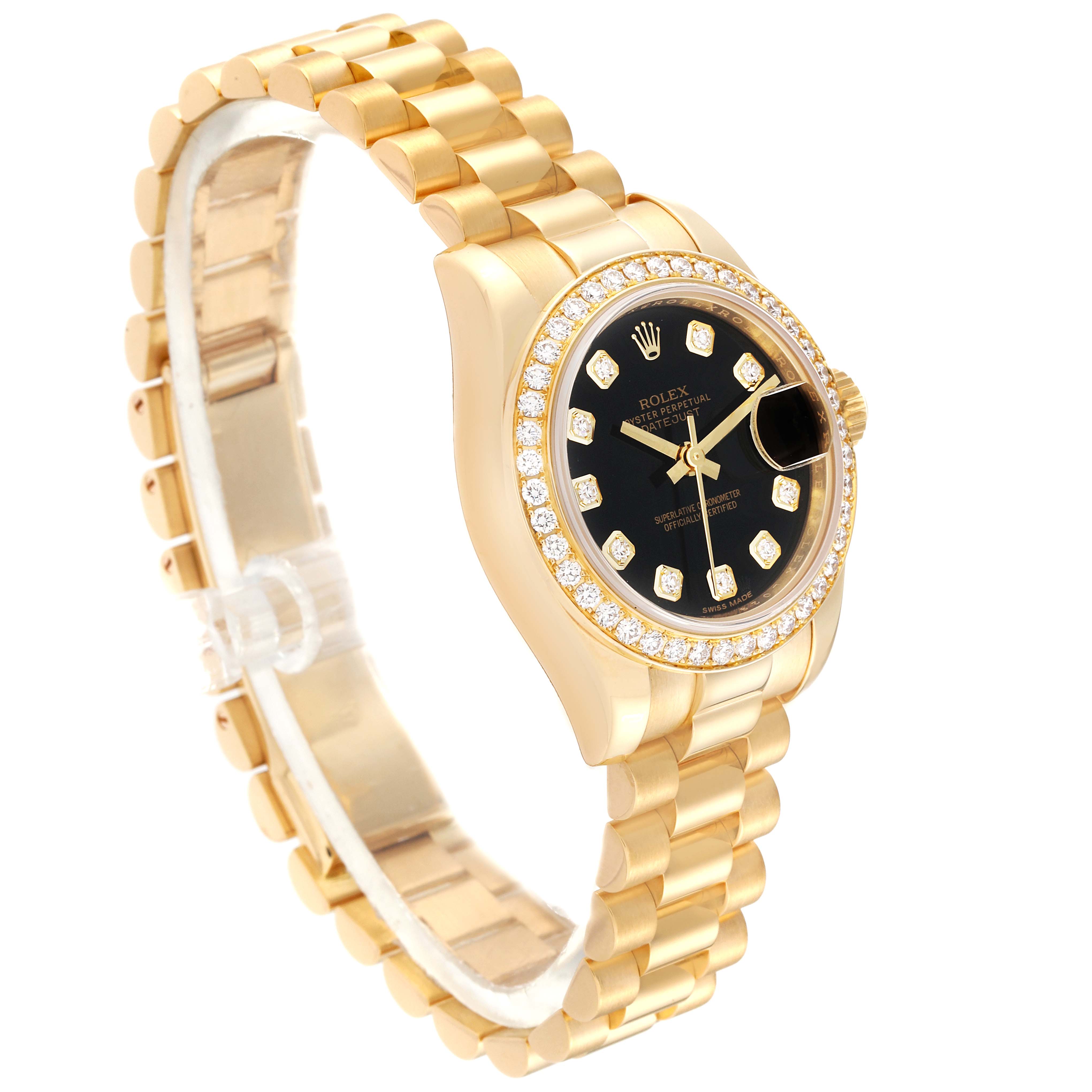 The image shows a side-angle view of a Rolex President 179138 Women's Yellow Gold Black Dial 179138 Women's Yellow Gold Black Dial model watch, highlighting its bracelet and black dial with diamond hour markers.