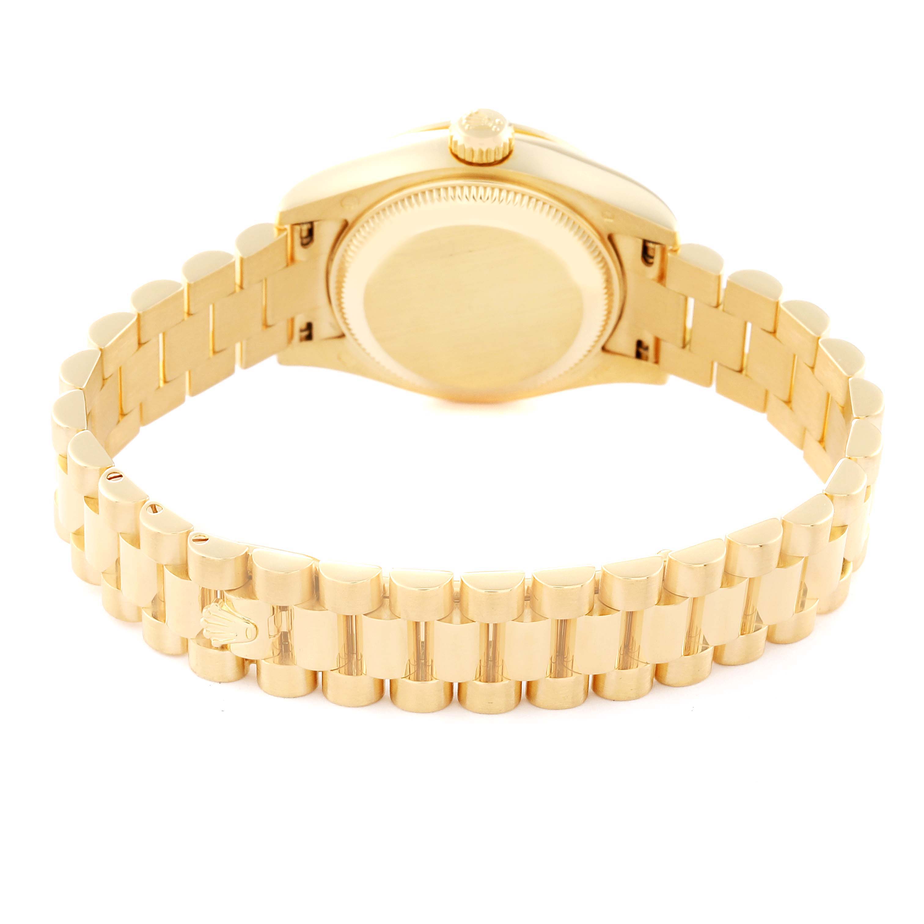 The image shows the back view of a Rolex President 179138 Women's Yellow Gold Black Dial 179138 Women's Yellow Gold Black Dial watch, highlighting its case back and gold bracelet.