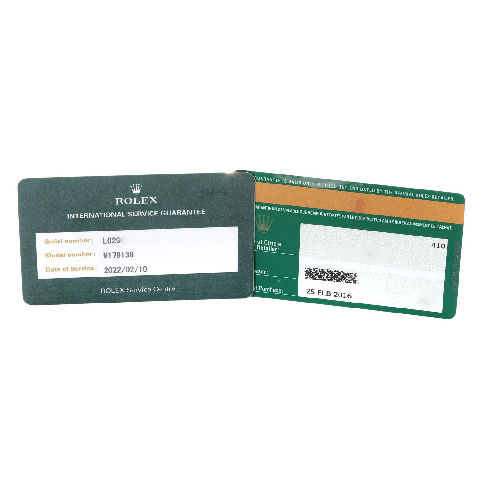 This image shows a flat-laid Rolex International Service Guarantee card for the President model.