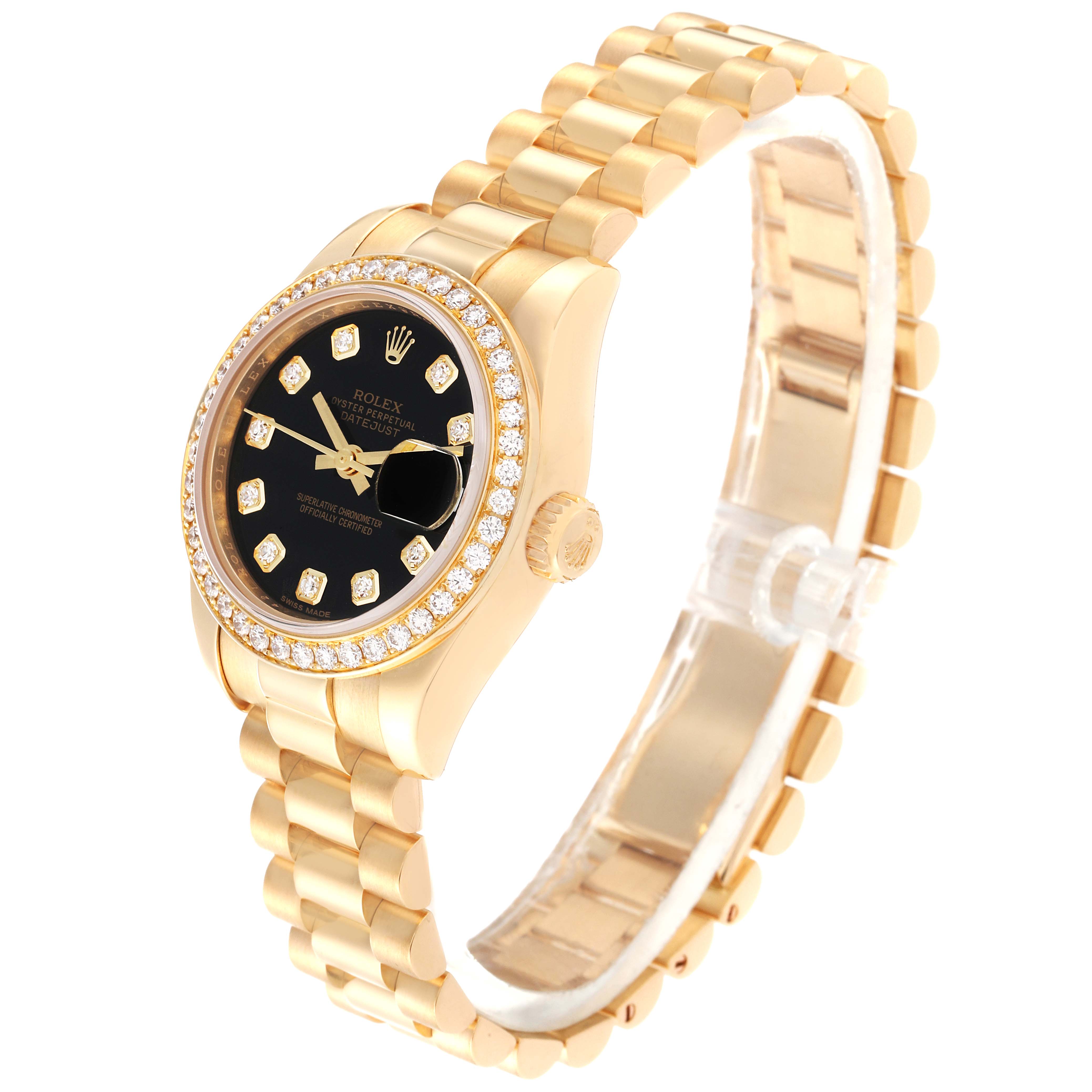 The Rolex President 179138 Women's Yellow Gold Black Dial 179138 Women's Yellow Gold Black Dial model watch is shown at a side angle, displaying the face, crown, bezel, and part of the bracelet.