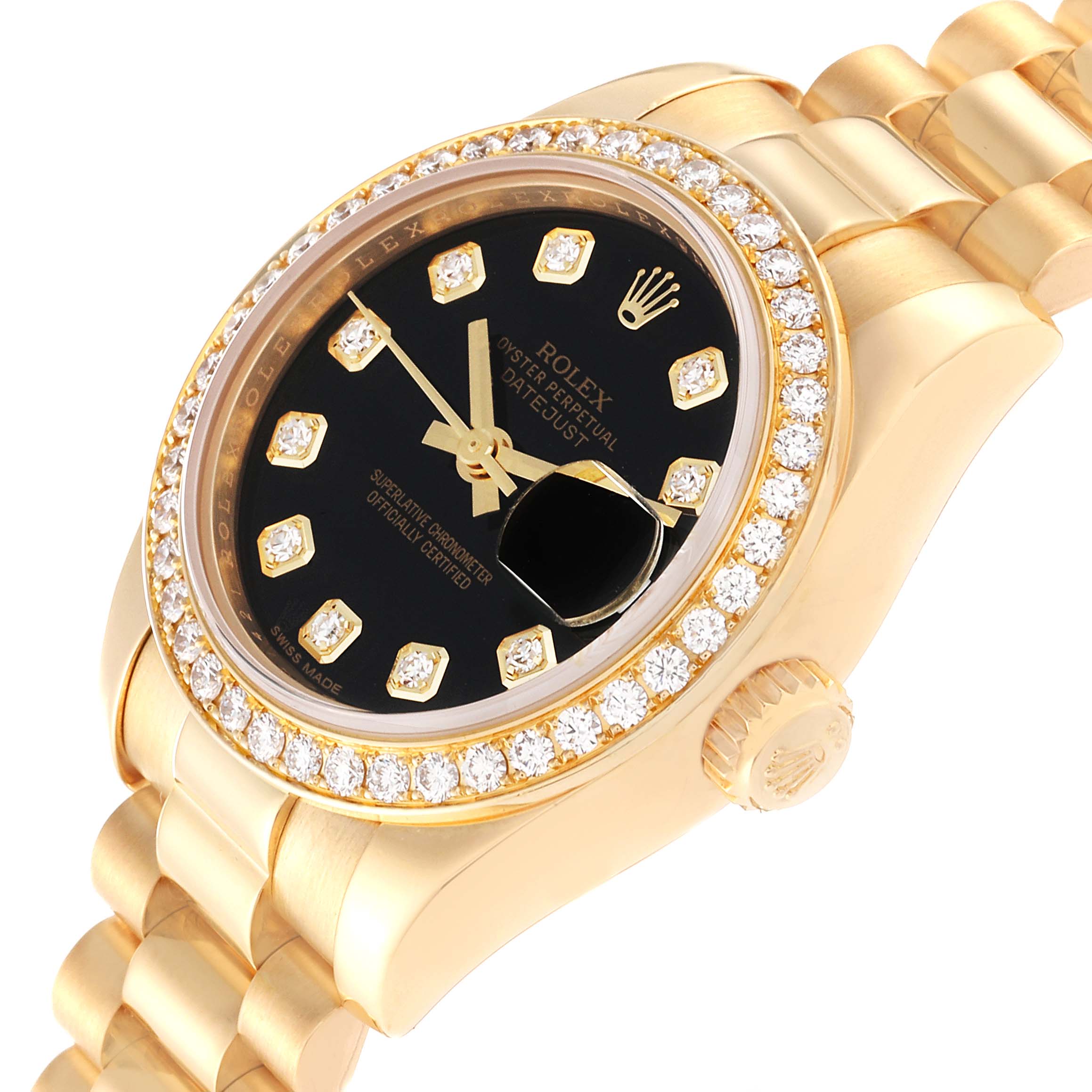 The image shows a Rolex President 179138 Women's Yellow Gold Black Dial 179138 Women's Yellow Gold Black Dial watch from an oblique angle, highlighting the bezel, crown, dial, and bracelet.