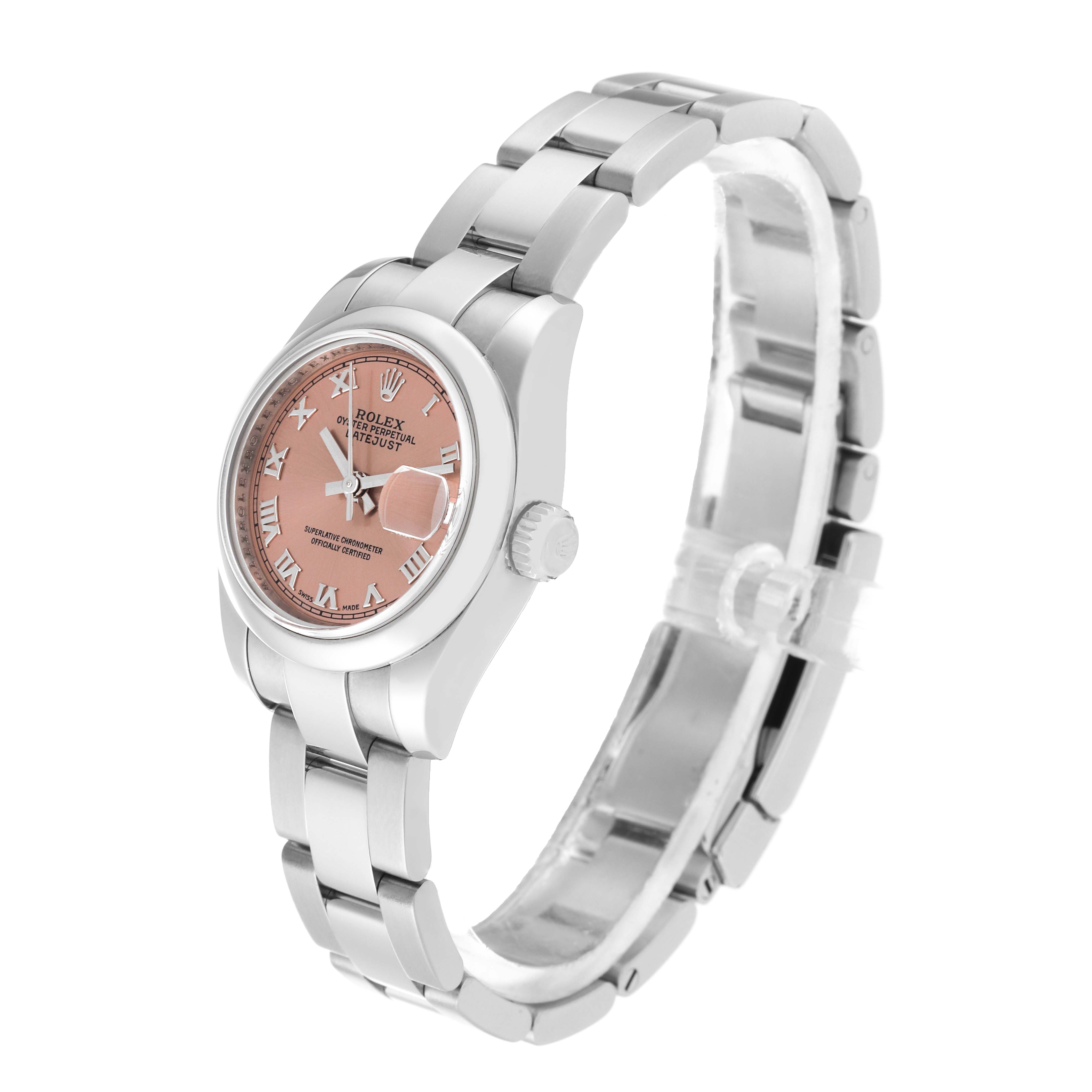 This image shows a Rolex Datejust 179160 Women's Stainless Steel Pink Dial 179160 Women's Stainless Steel Pink Dial watch angled to display its face, crown, and metal bracelet.