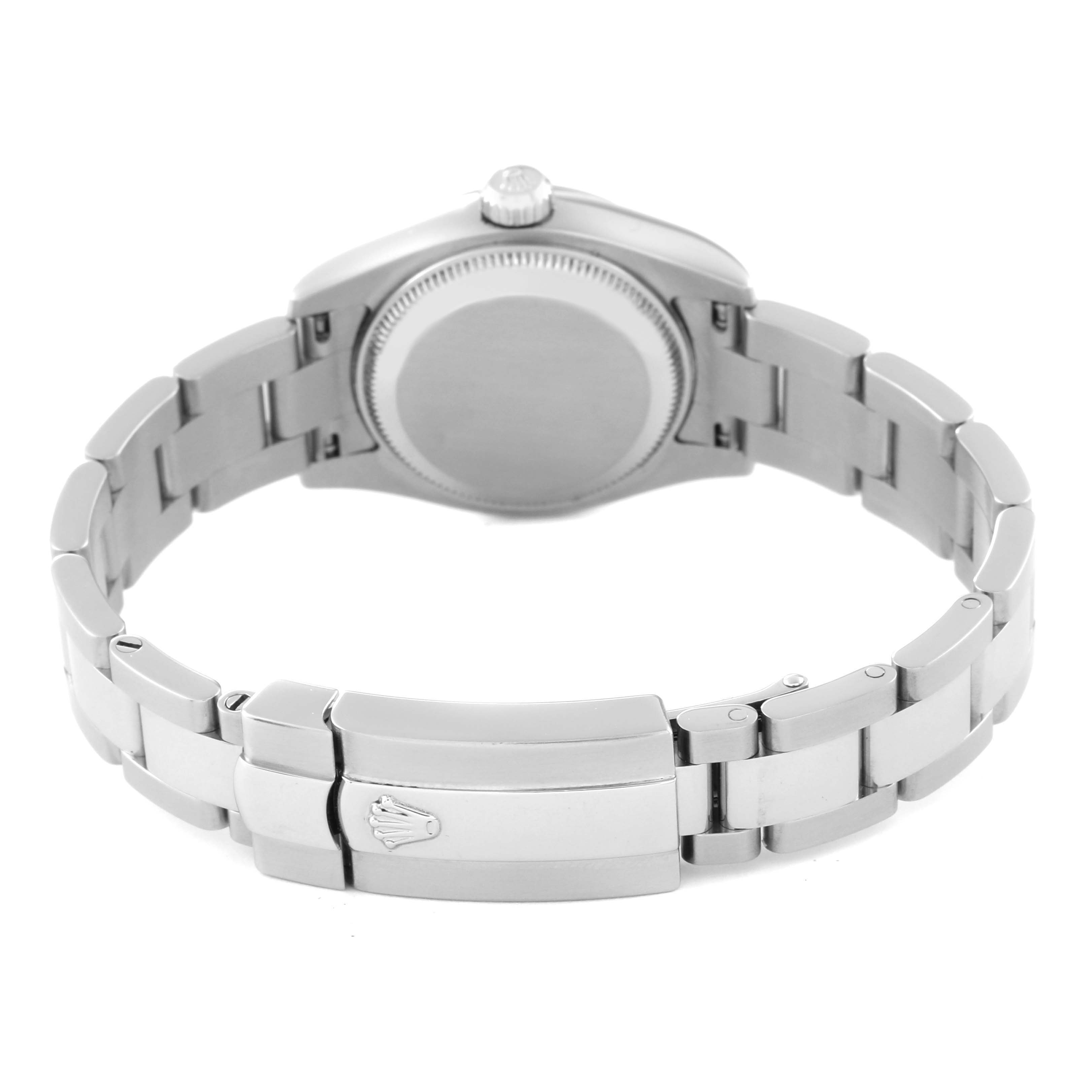 The image shows the backside and clasp of a Rolex Datejust 179160 Women's Stainless Steel Pink Dial 179160 Women's Stainless Steel Pink Dial watch, highlighting its metal bracelet and caseback.