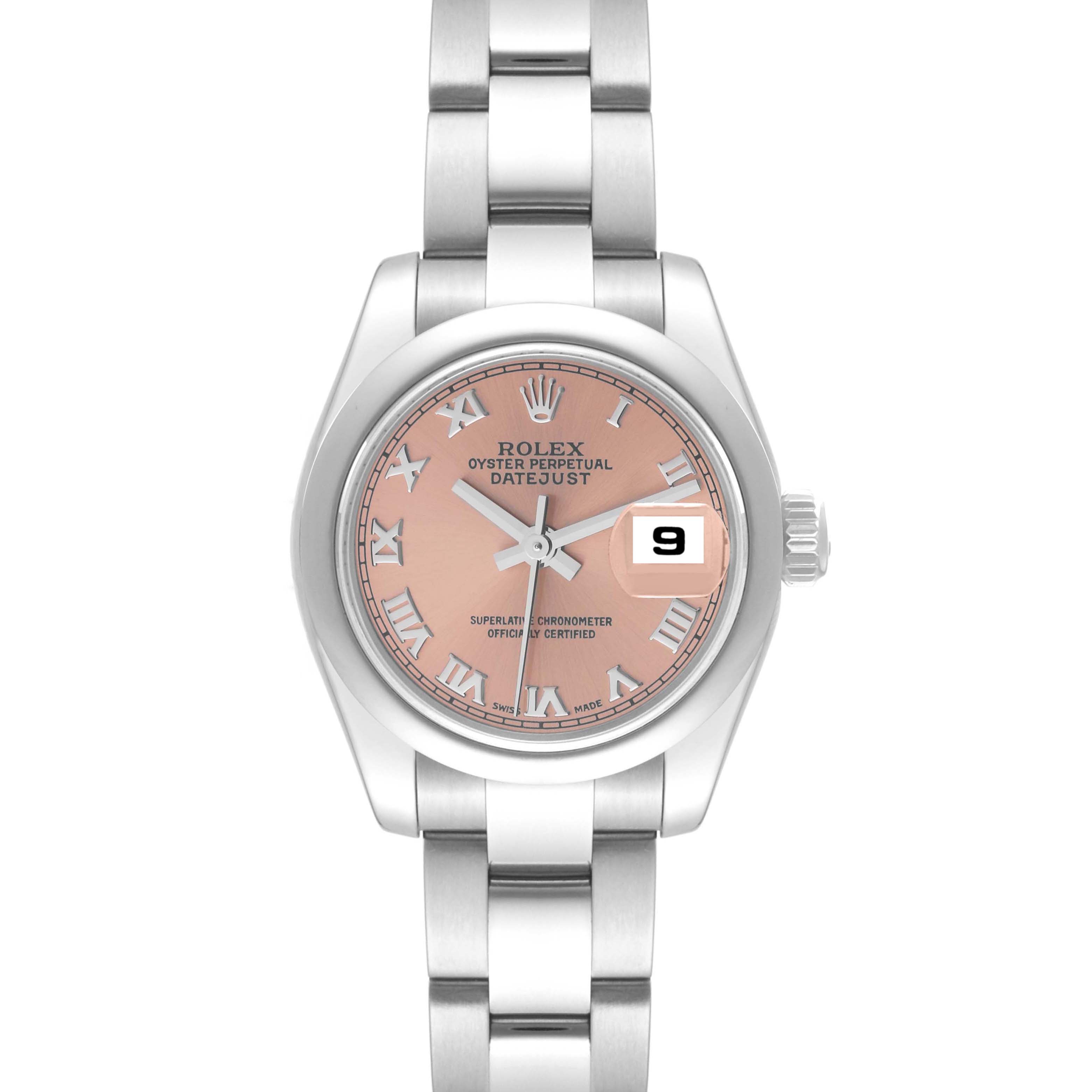 This image shows a front view of a Rolex Datejust 179160 Women's Stainless Steel Pink Dial 179160 Women's Stainless Steel Pink Dial watch with a pink dial, Roman numeral markers, and a date window.