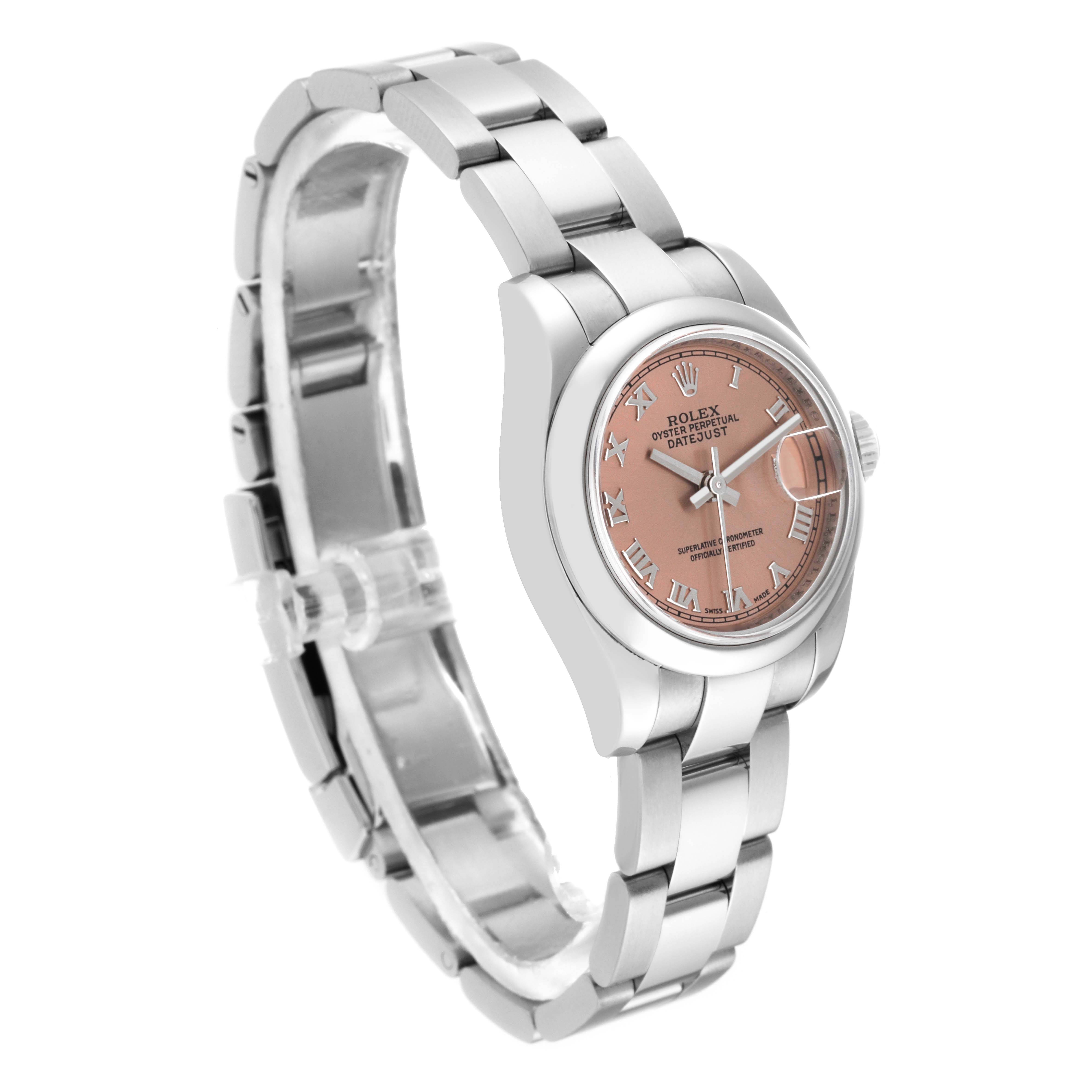 This image shows a Rolex Datejust 179160 Women's Stainless Steel Pink Dial 179160 Women's Stainless Steel Pink Dial watch at a three-quarter angle, displaying its face, case, and stainless steel bracelet.