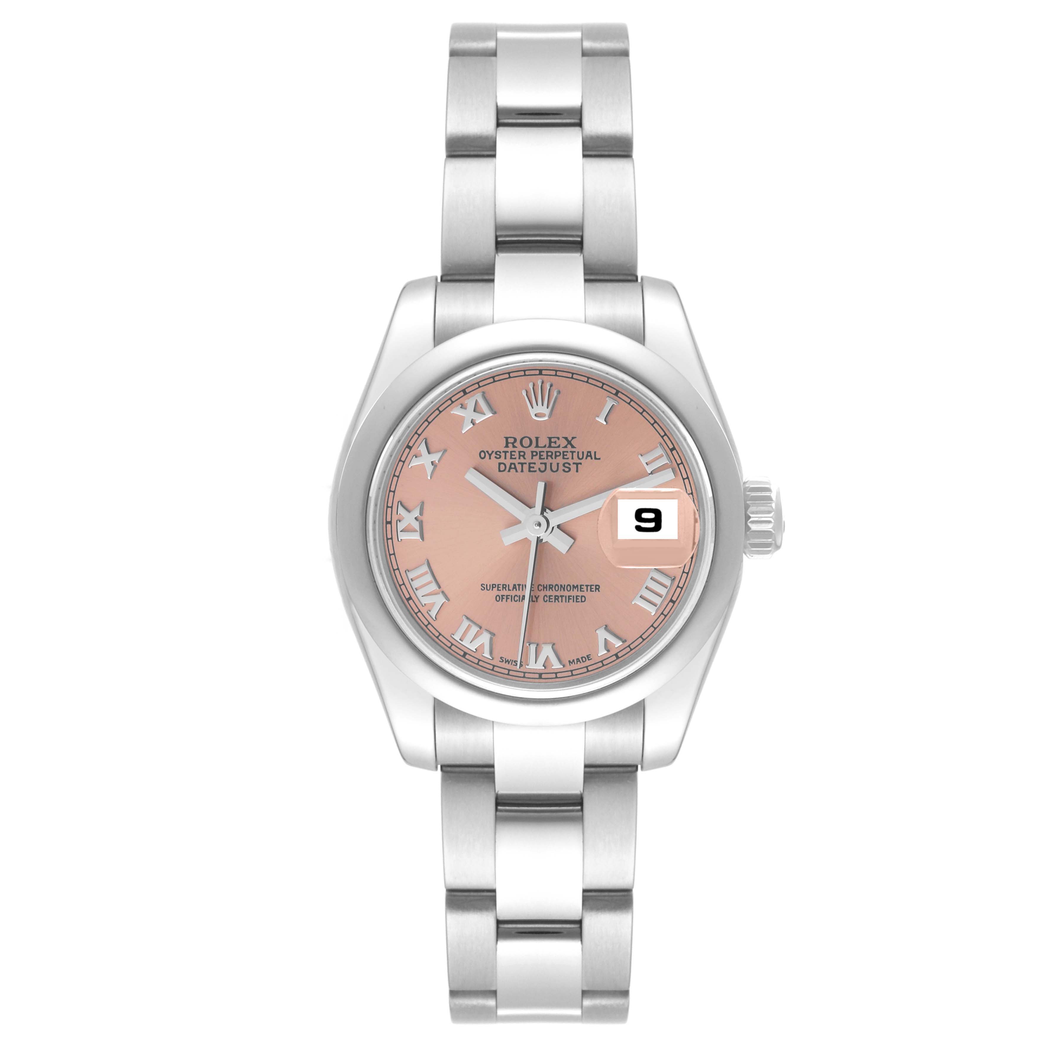This image shows a Rolex Datejust 179160 Women's Stainless Steel Pink Dial 179160 Women's Stainless Steel Pink Dial watch from a front angle, displaying the face, bracelet, and date window.