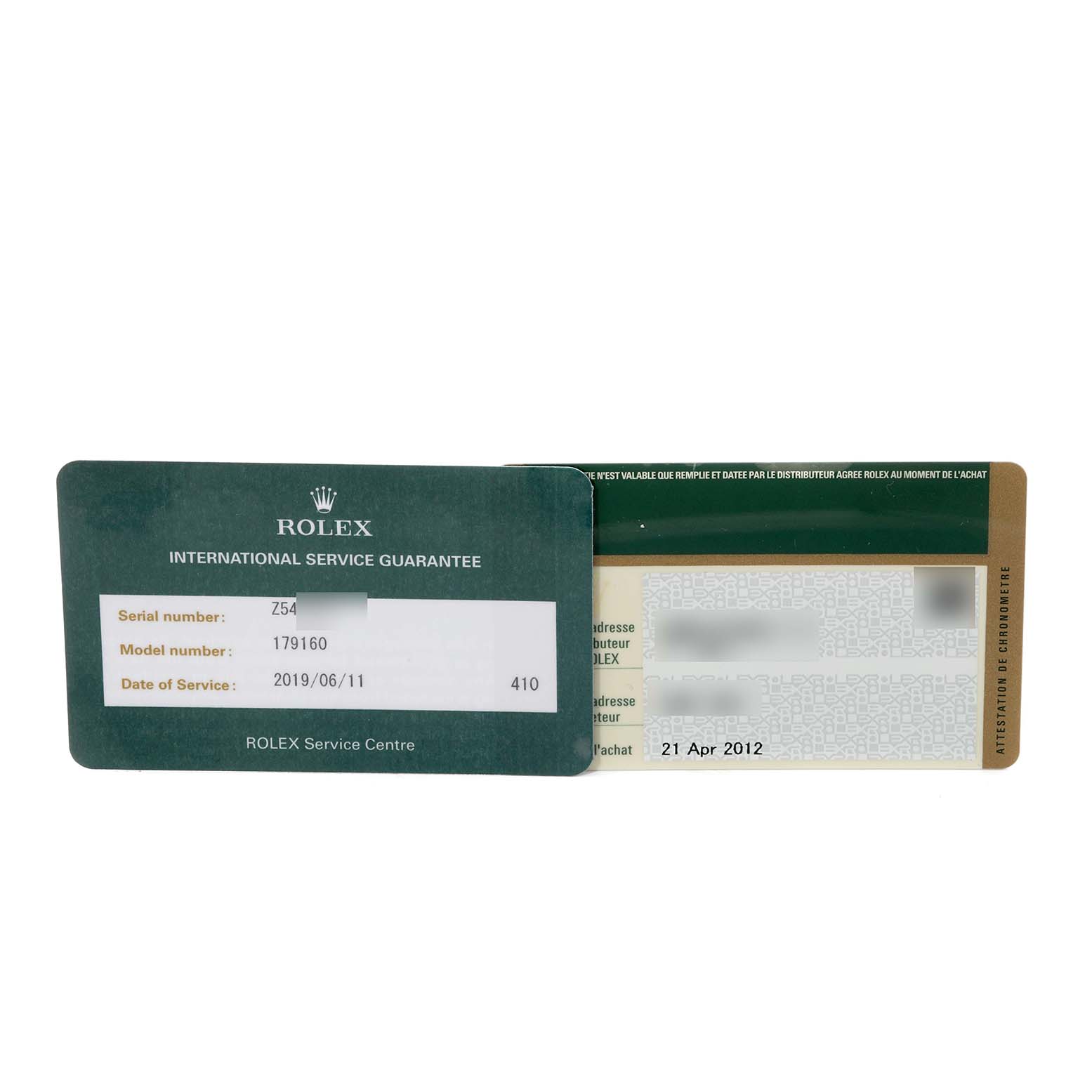 The image shows the service guarantee and warranty card for a Rolex Datejust 179160 Women's Stainless Steel Pink Dial 179160 Women's Stainless Steel Pink Dial watch.