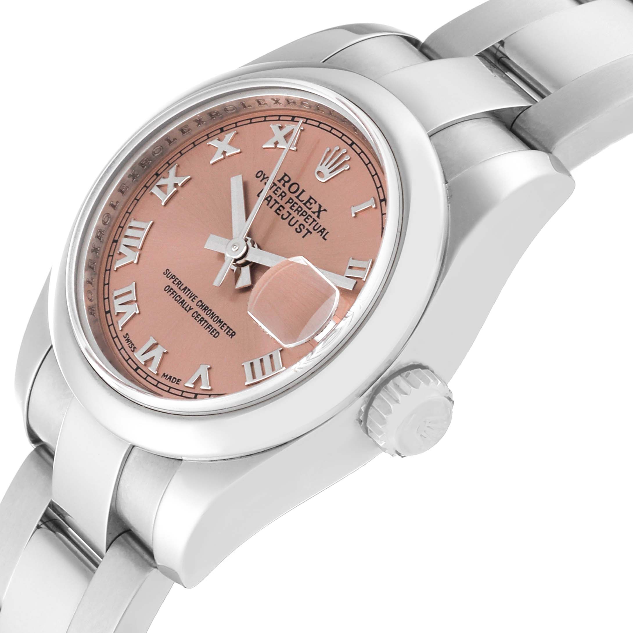 This image shows a Rolex Datejust 179160 Women's Stainless Steel Pink Dial 179160 Women's Stainless Steel Pink Dial watch from a close-up angle, highlighting the dial, crown, and part of the bracelet.