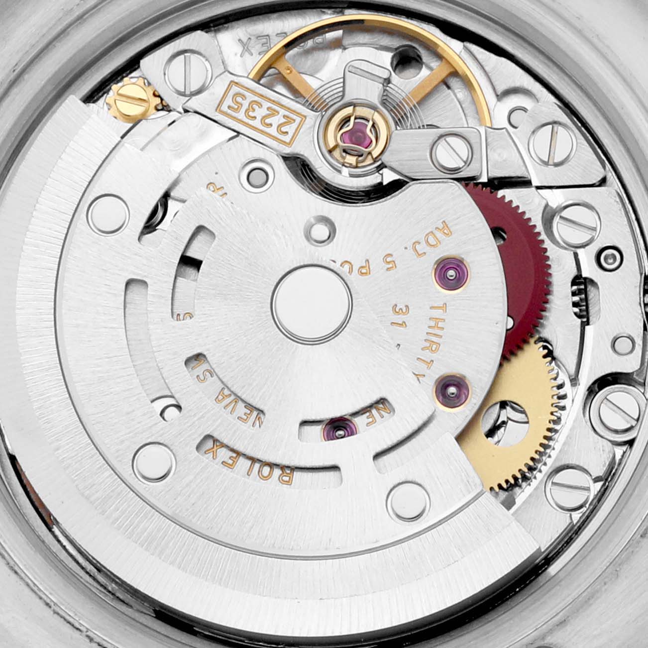 This image shows a close-up view of the movement and inner mechanisms of a Rolex Datejust 179160 Women's Stainless Steel Pink Dial 179160 Women's Stainless Steel Pink Dial watch.