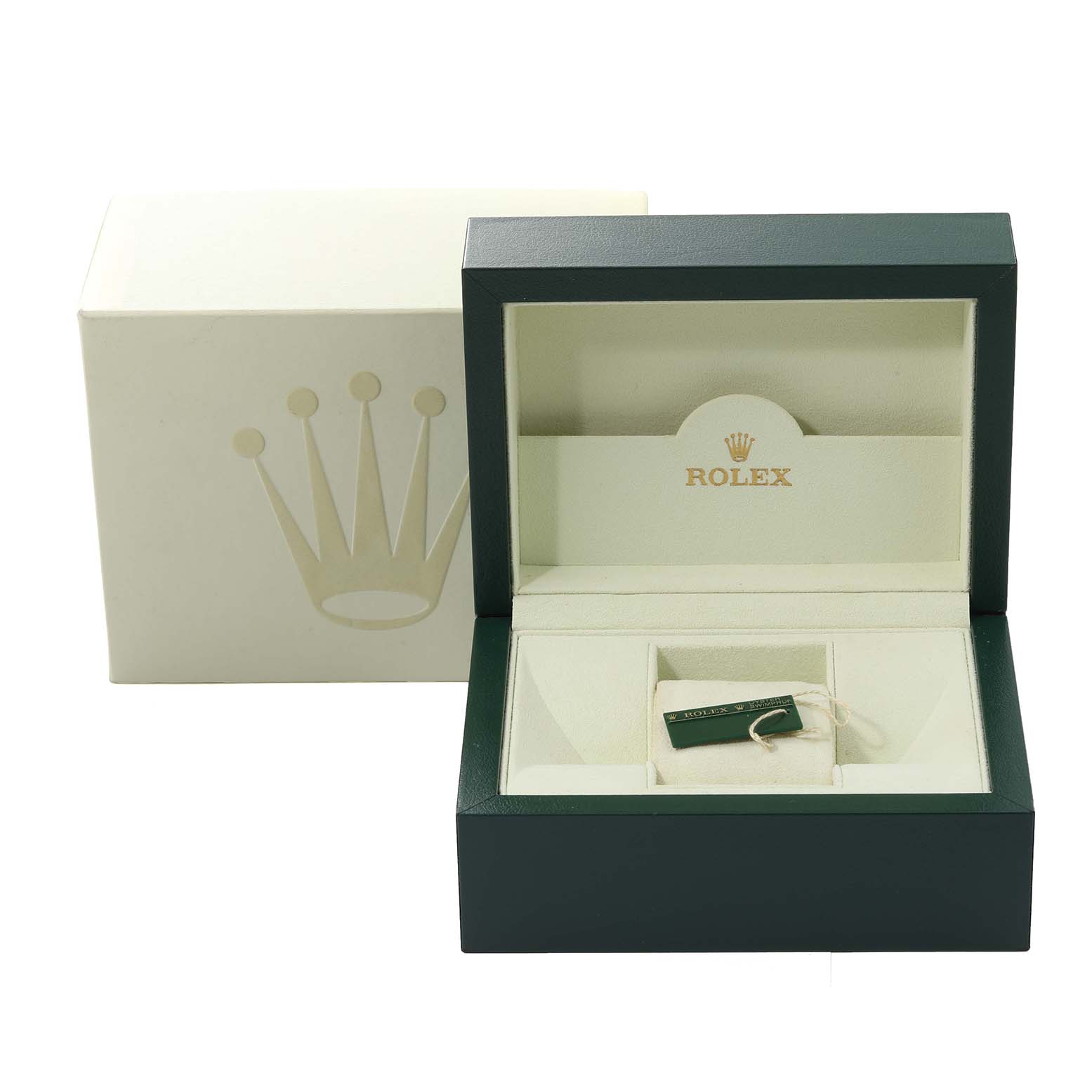 The image shows the open packaging box of a Rolex Datejust 116234 Men's Stainless Steel Black Dial 116234 Men's Stainless Steel Black Dial watch, including the tag and outer box.