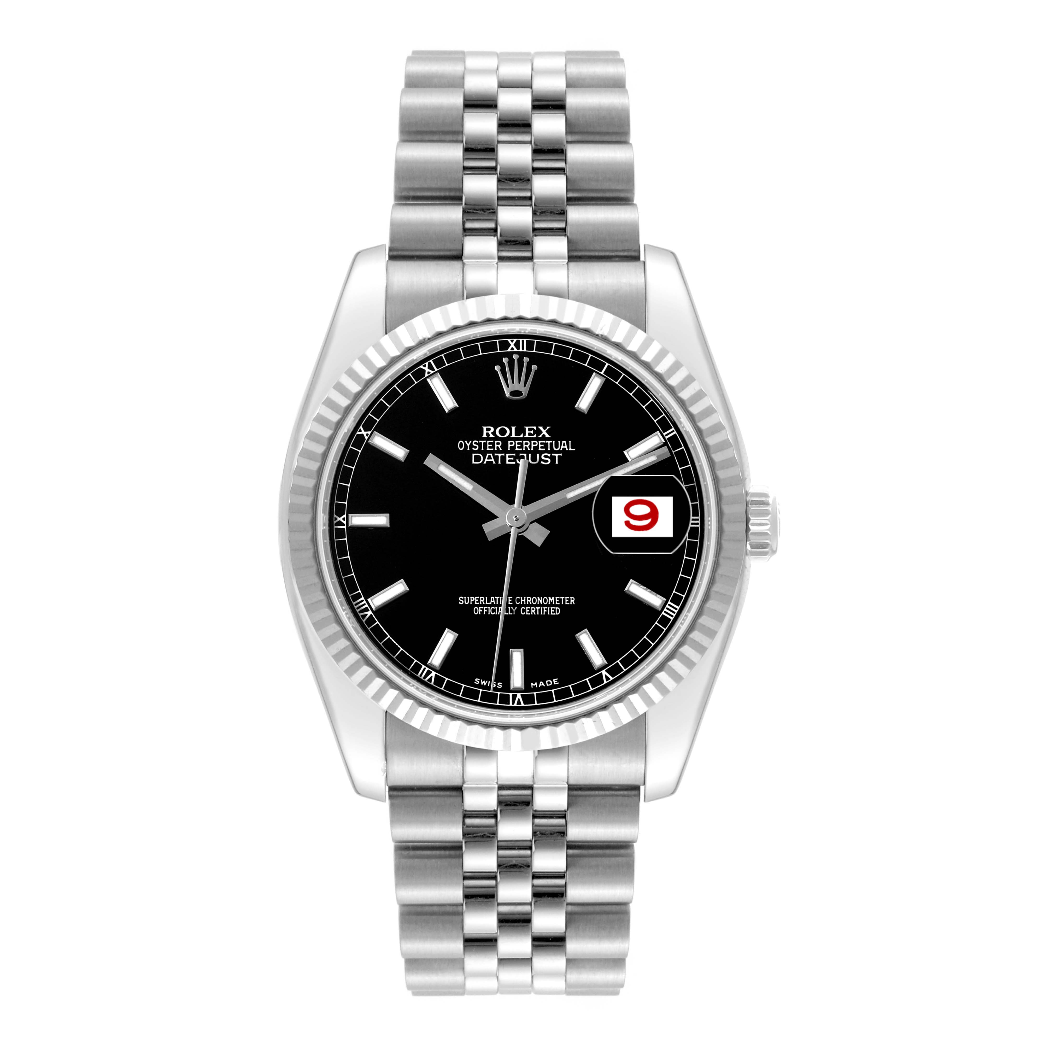This image shows a frontal view of a Rolex Datejust 116234 Men's Stainless Steel Black Dial 116234 Men's Stainless Steel Black Dial watch, featuring its black dial, date display, fluted bezel, and metal bracelet.