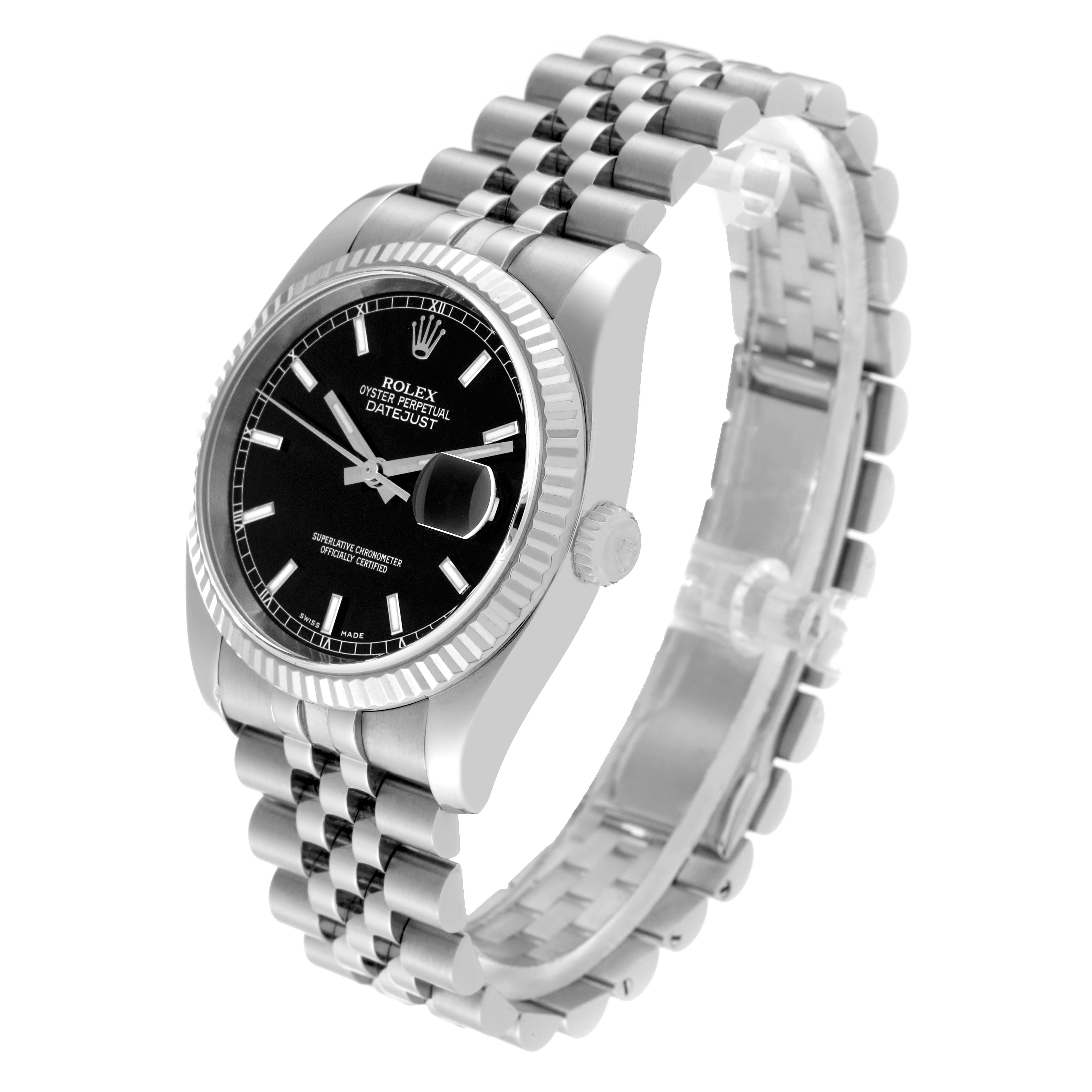 The Rolex Datejust 116234 Men's Stainless Steel Black Dial 116234 Men's Stainless Steel Black Dial watch is shown at a slight side angle, displaying the black dial, fluted bezel, crown, and jubilee bracelet.
