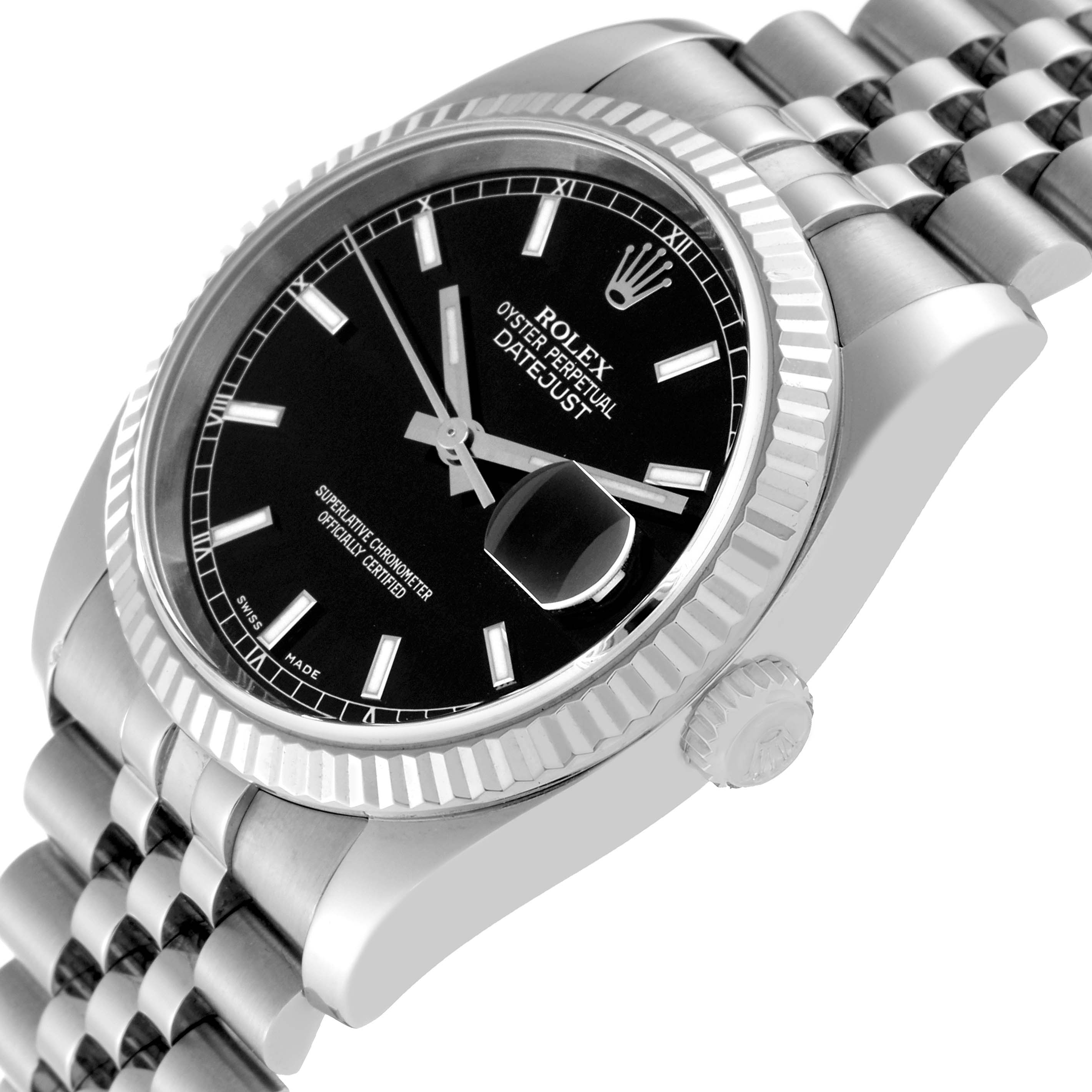 This image shows a Rolex Datejust 116234 Men's Stainless Steel Black Dial 116234 Men's Stainless Steel Black Dial watch at an angled close-up, displaying the face, bezel, crown, and bracelet.