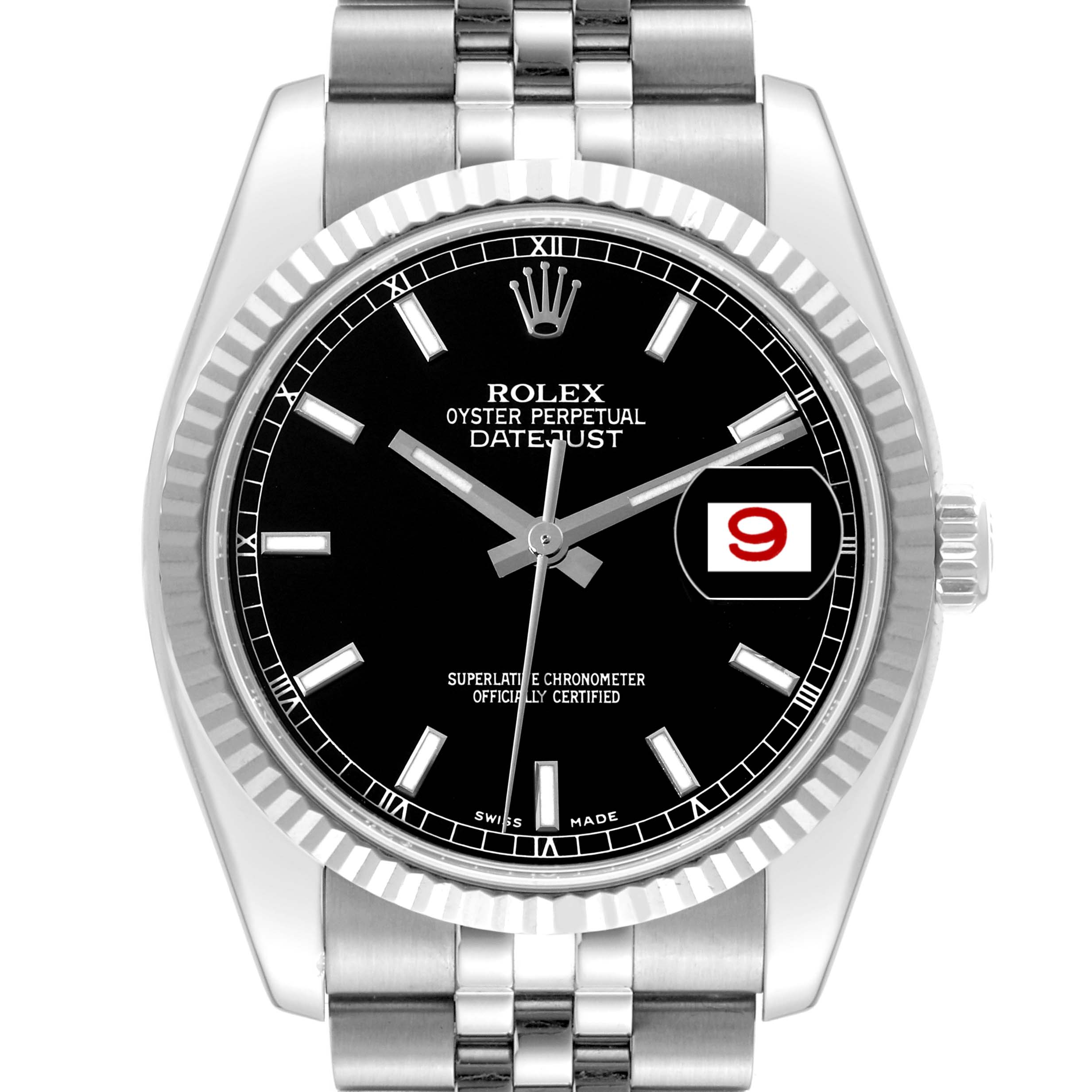 The image shows a front view of the Rolex Datejust 116234 Men's Stainless Steel Black Dial 116234 Men's Stainless Steel Black Dial watch, showcasing its dial, bezel, and part of the bracelet.