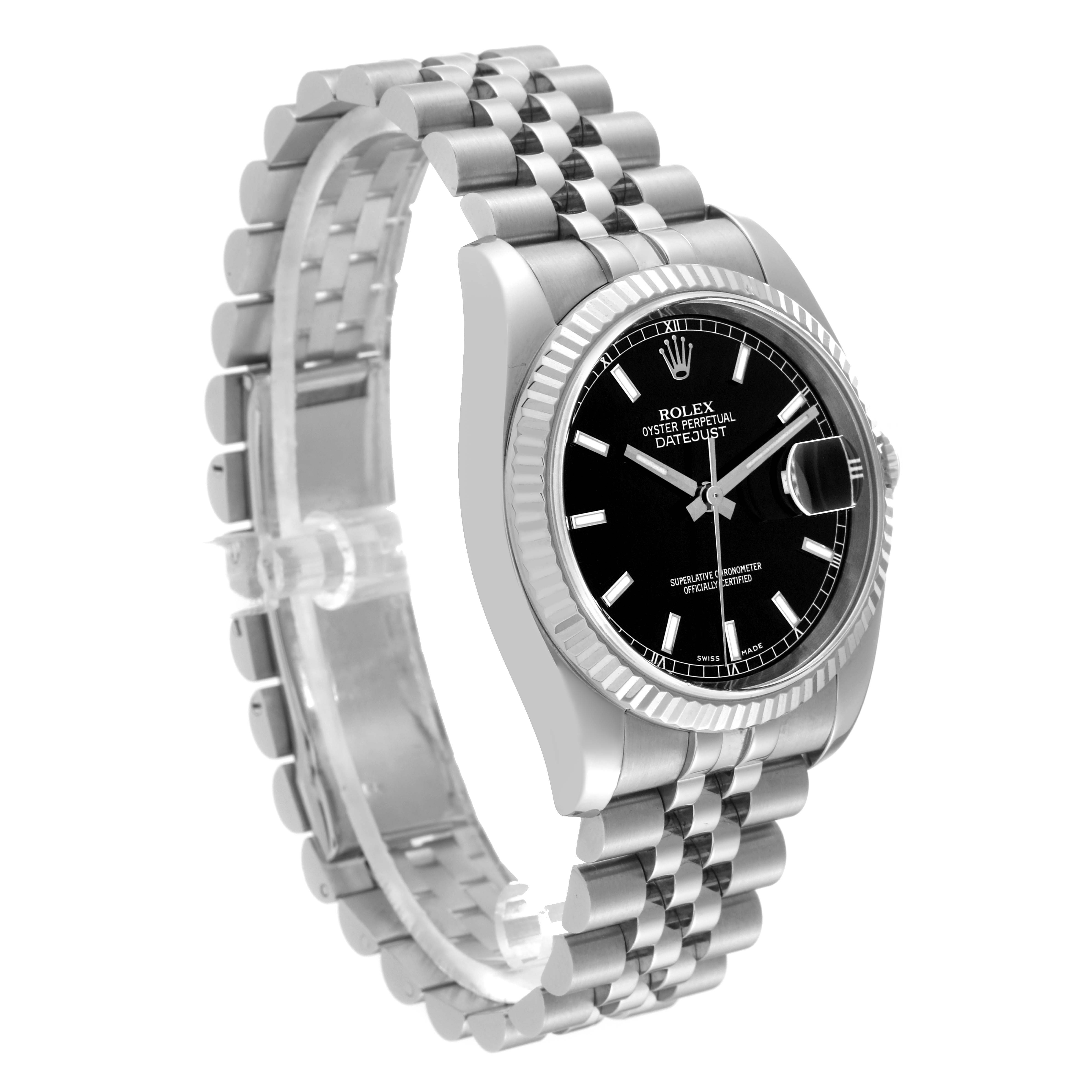 This image shows a side-angle view of the Rolex Datejust 116234 Men's Stainless Steel Black Dial 116234 Men's Stainless Steel Black Dial watch, highlighting the face, bezel, crown, and bracelet.