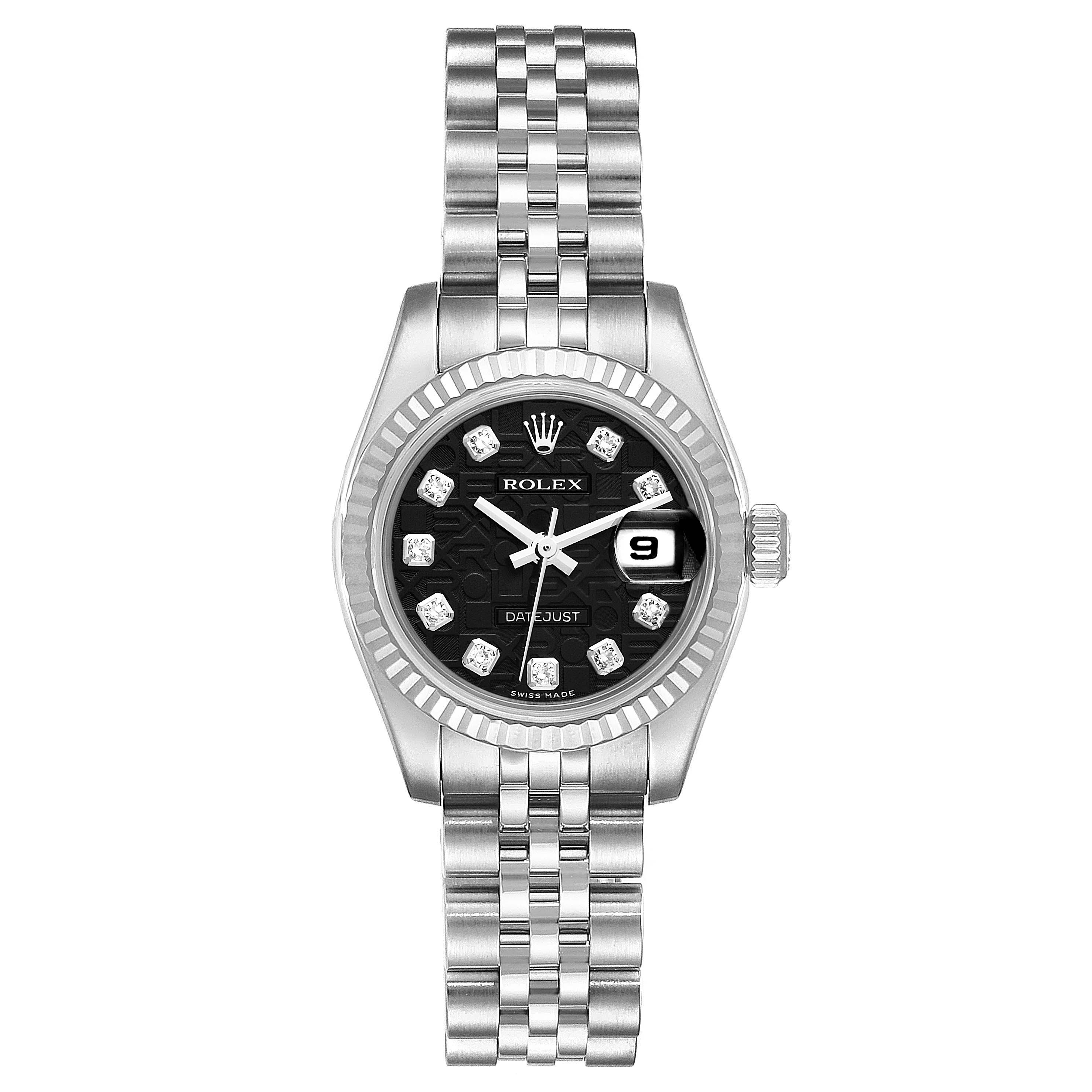 This Rolex Datejust 179174 Women's Stainless Steel Black Dial 179174 Women's Stainless Steel Black Dial watch is shown from a front view displaying the full face, bracelet, and date magnifier.