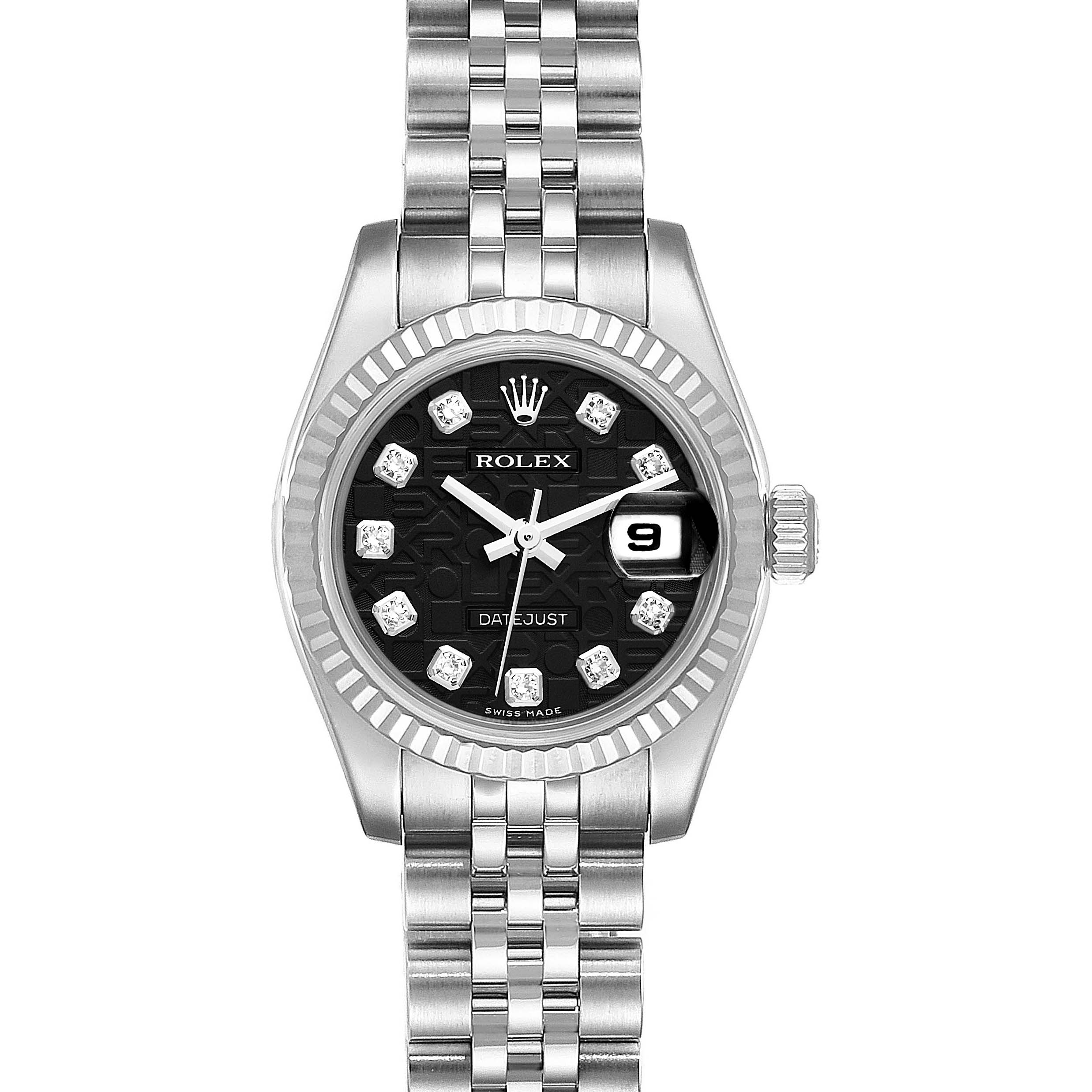 This image shows a front view of the Rolex Datejust 179174 Women's Stainless Steel Black Dial 179174 Women's Stainless Steel Black Dial model, highlighting its face, dial, bracelet, and date window.