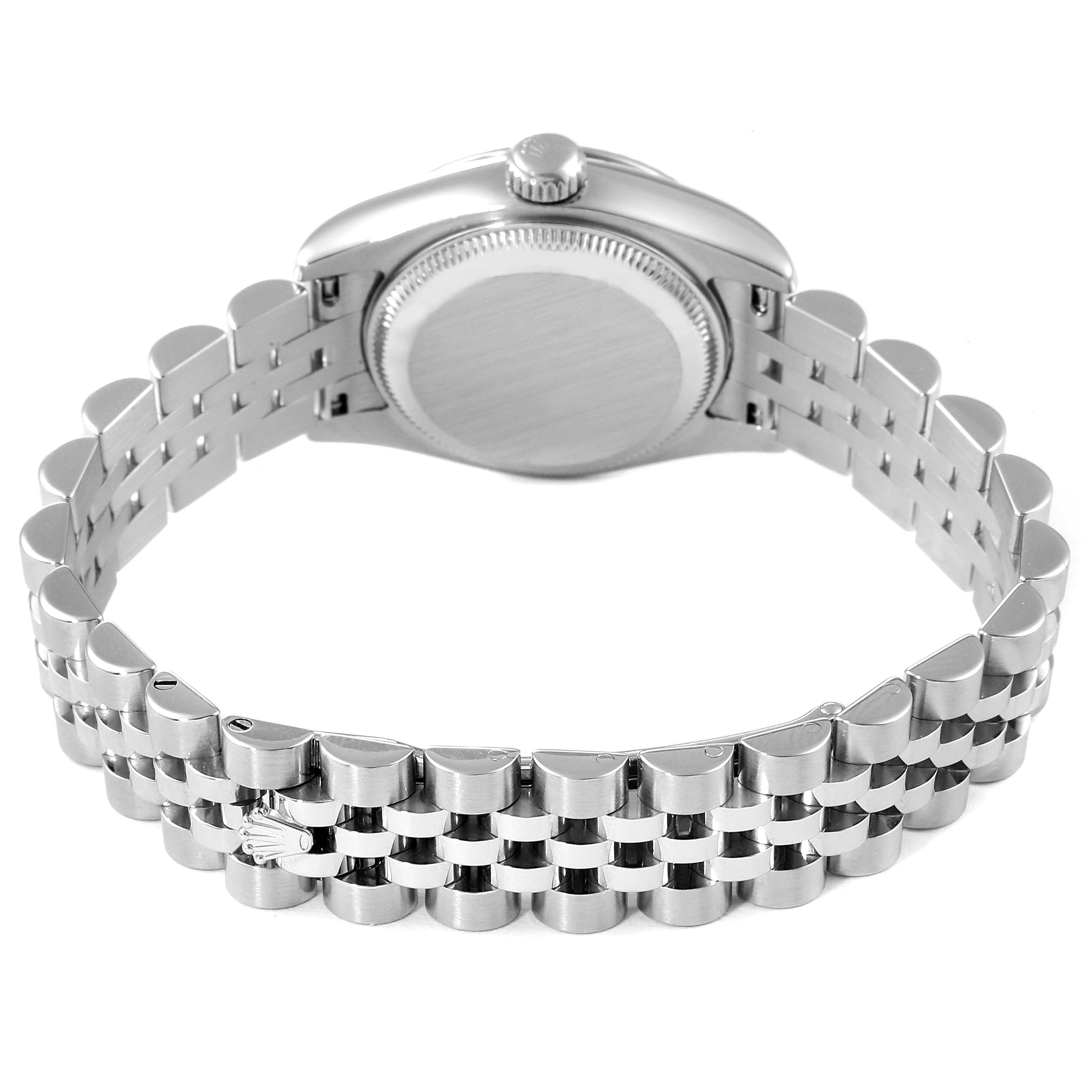 This image shows the back view of a Rolex Datejust 179174 Women's Stainless Steel Black Dial 179174 Women's Stainless Steel Black Dial watch, focusing on the case back and the Jubilee bracelet.