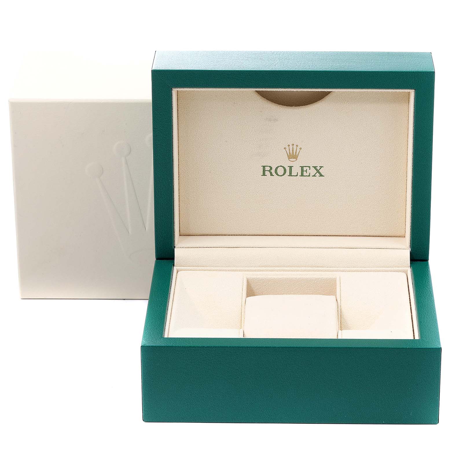 This image shows an open Rolex Datejust 179174 Women's Stainless Steel Black Dial 179174 Women's Stainless Steel Black Dial watch box with green exterior and beige interior.