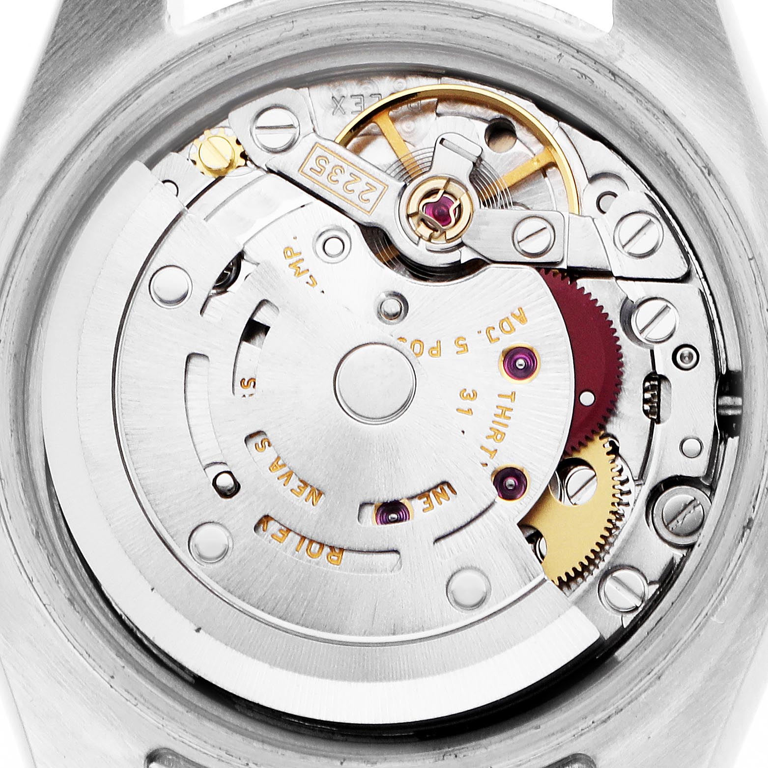 This is a close-up view of the Rolex Datejust 179174 Women's Stainless Steel Mother of Pearl Dial 179174 Women's Stainless Steel Mother of Pearl Dial watch movement, showing gears and mechanical components.