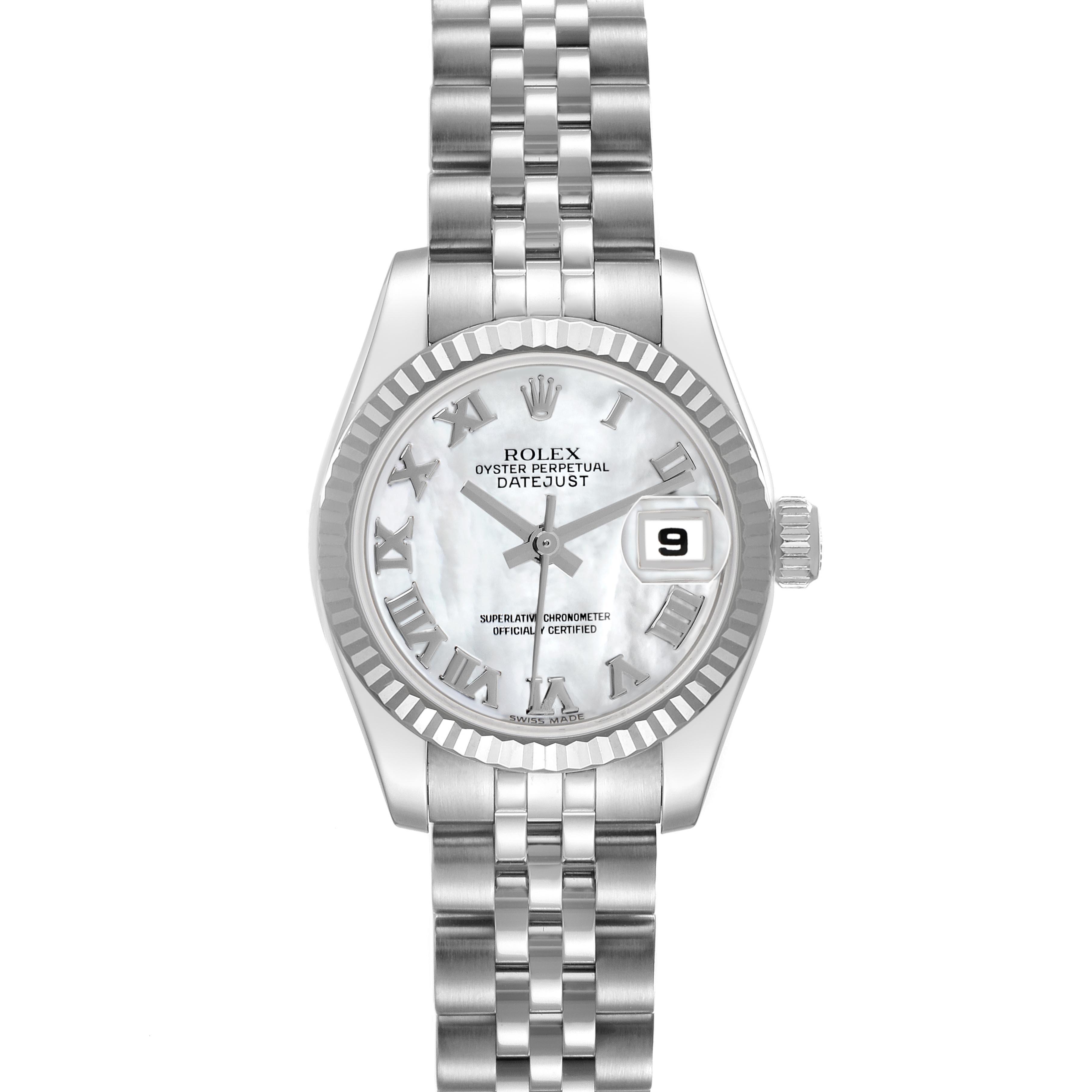 The Rolex Datejust 179174 Women's Stainless Steel Mother of Pearl Dial 179174 Women's Stainless Steel Mother of Pearl Dial watch is shown from a top-down angle, featuring its face, bracelet, bezel, and date function.