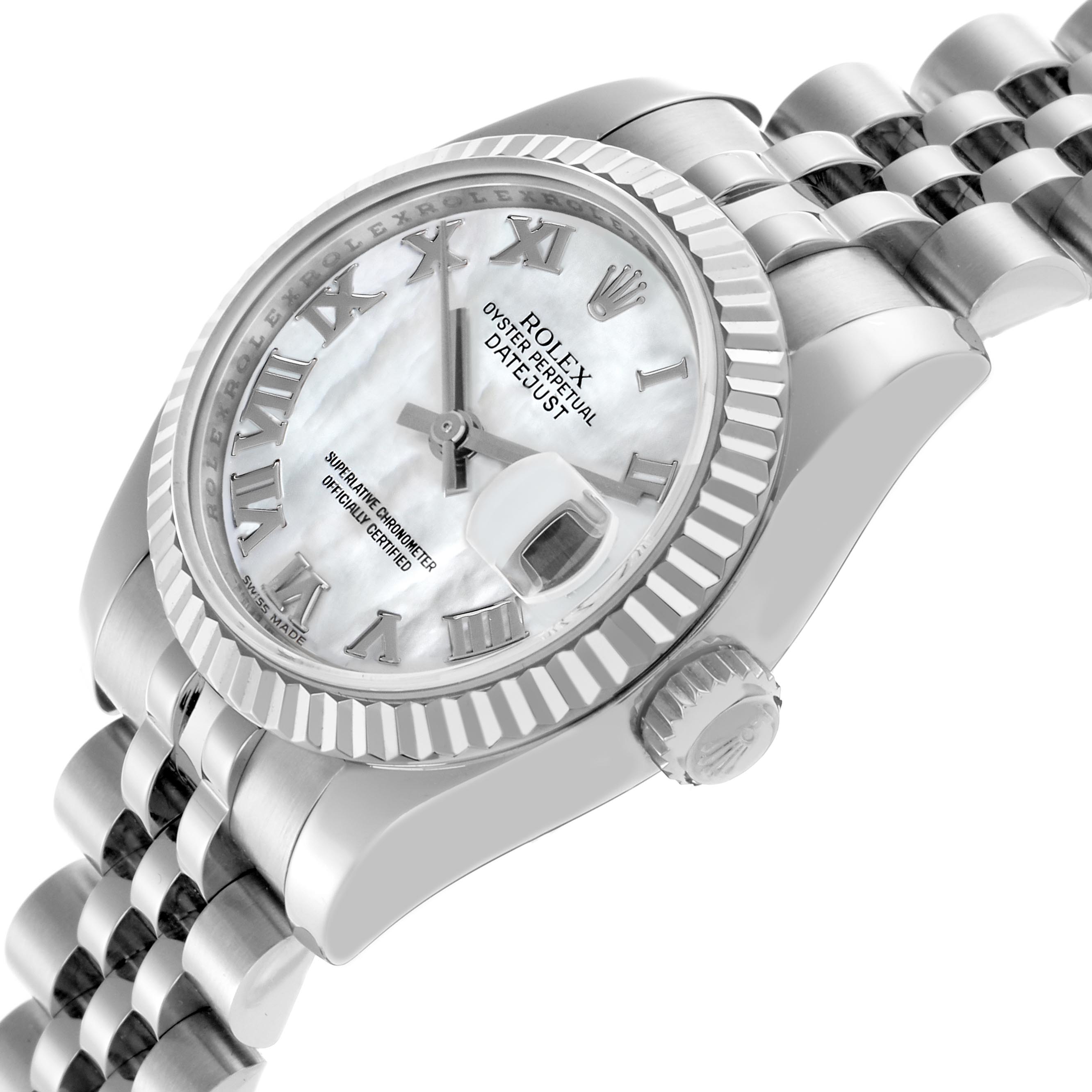 The Rolex Datejust 179174 Women's Stainless Steel Mother of Pearl Dial 179174 Women's Stainless Steel Mother of Pearl Dial is shown at an angled side view, highlighting the bezel, crown, and part of the bracelet.