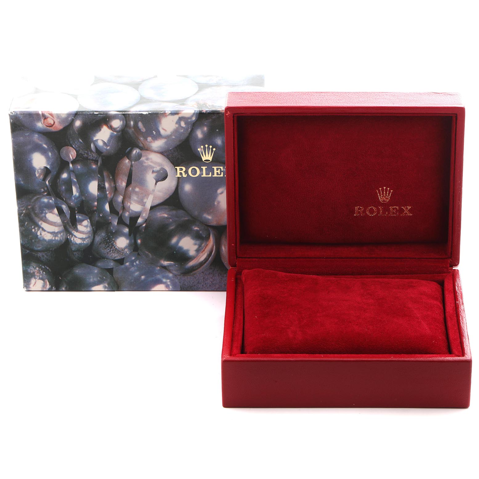 The image shows a red Rolex Datejust 179174 Women's Stainless Steel Mother of Pearl Dial 179174 Women's Stainless Steel Mother of Pearl Dial watch box partially open, alongside its decorative outer box.