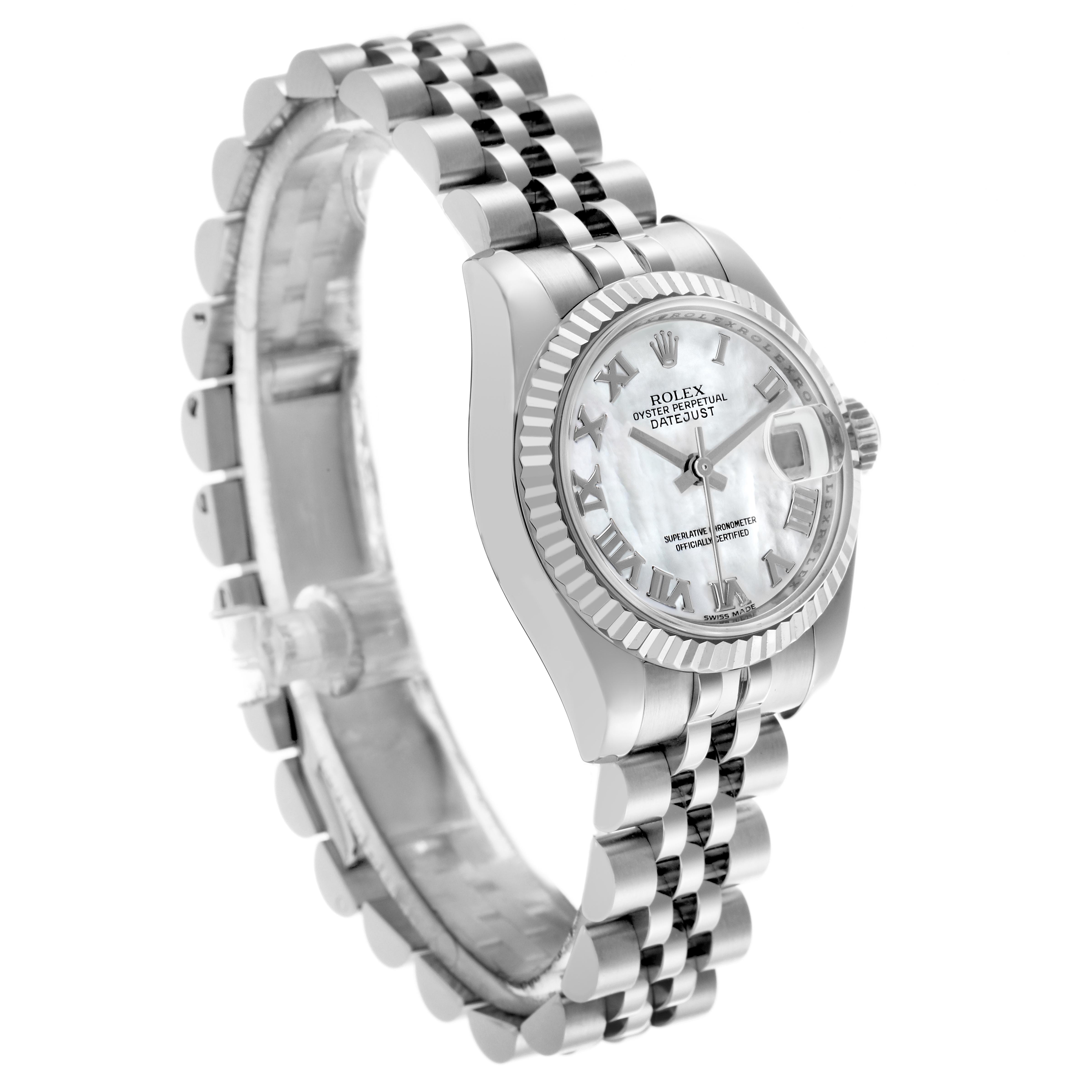 The Rolex Datejust 179174 Women's Stainless Steel Mother of Pearl Dial 179174 Women's Stainless Steel Mother of Pearl Dial watch is shown at a three-quarter angle, highlighting the face, bezel, and bracelet.