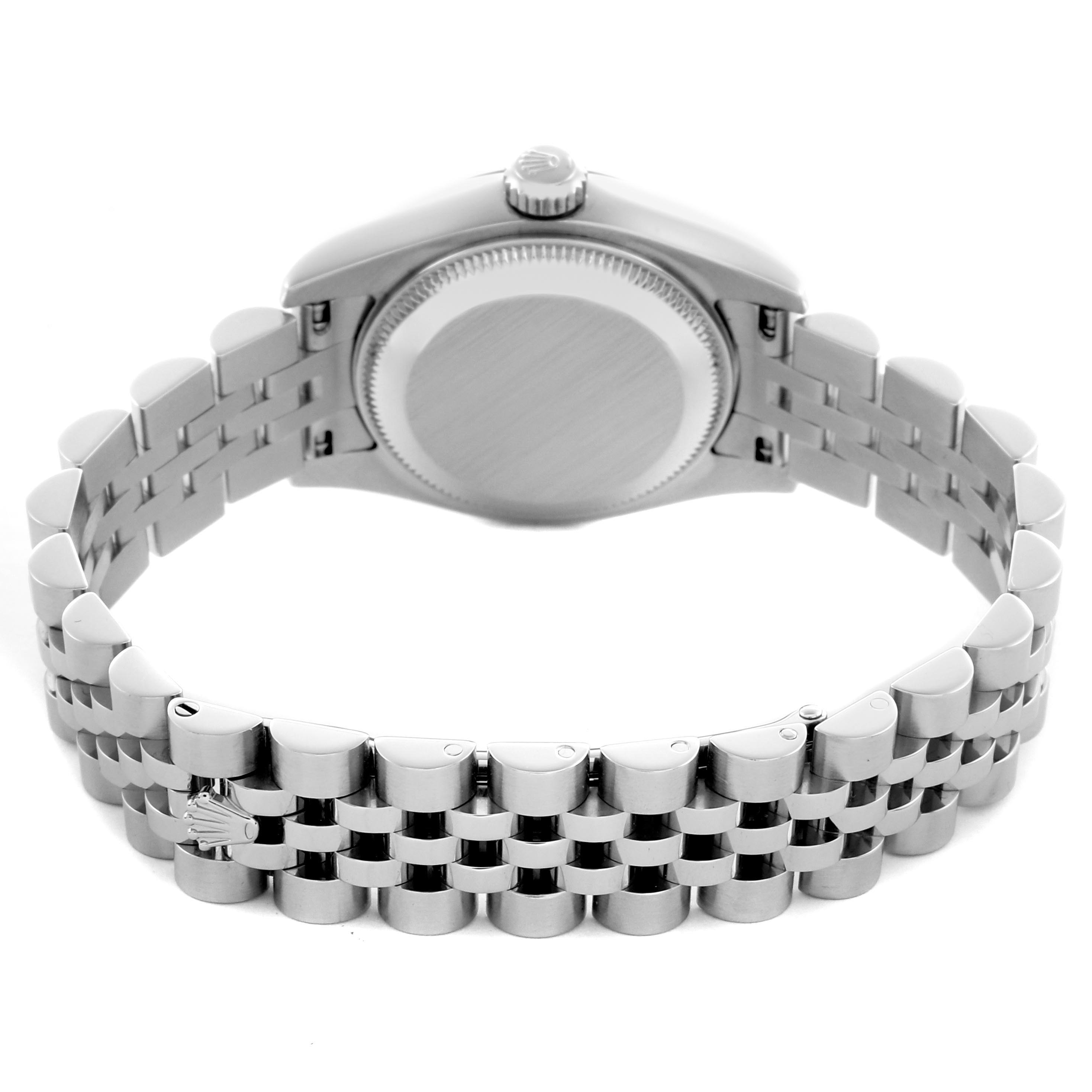 The image shows the back view of a Rolex Datejust 179174 Women's Stainless Steel Mother of Pearl Dial 179174 Women's Stainless Steel Mother of Pearl Dial watch, highlighting the caseback, crown, and Jubilee bracelet.