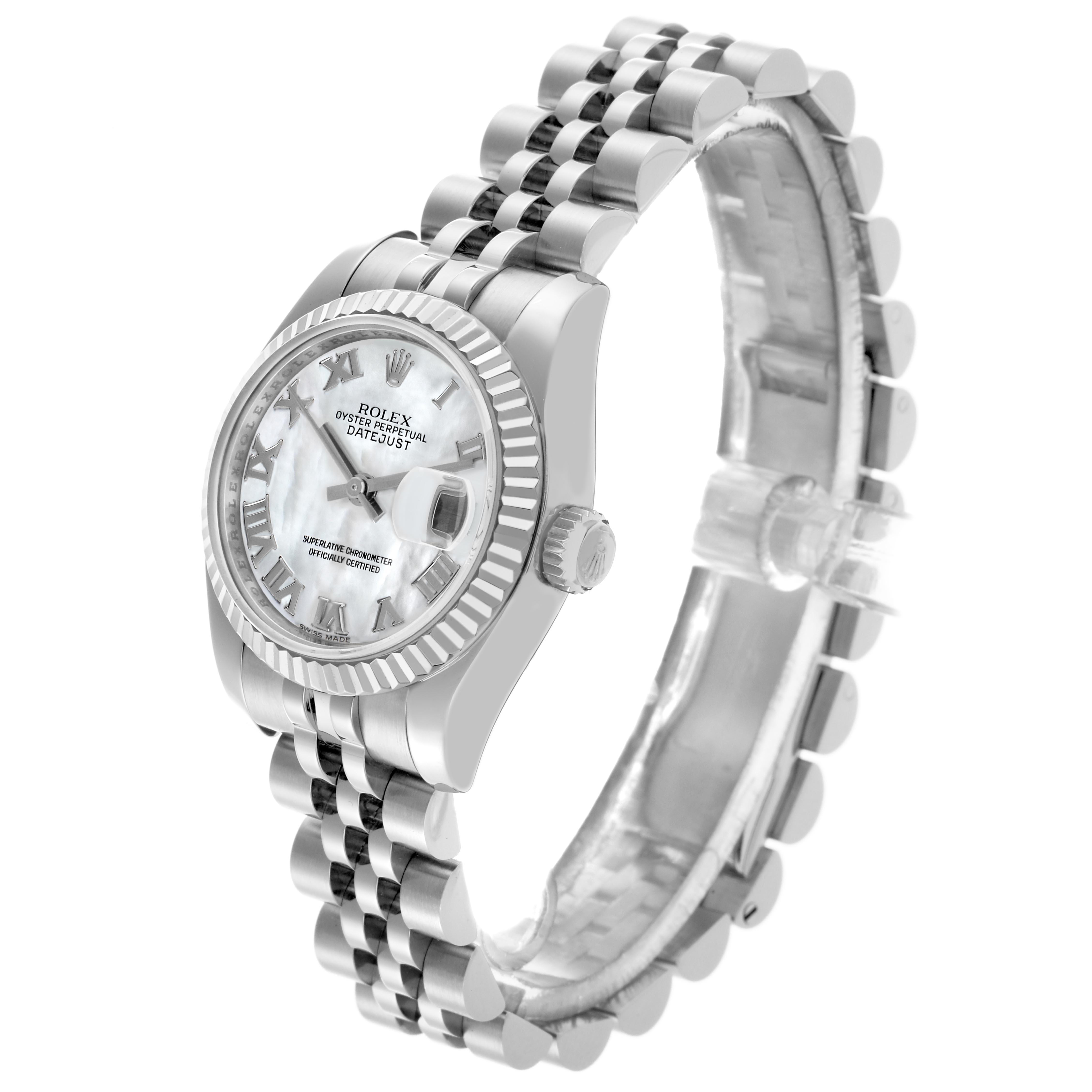 This Rolex Datejust 179174 Women's Stainless Steel Mother of Pearl Dial 179174 Women's Stainless Steel Mother of Pearl Dial is shown from an angled side view, highlighting the face, fluted bezel, and Jubilee bracelet.