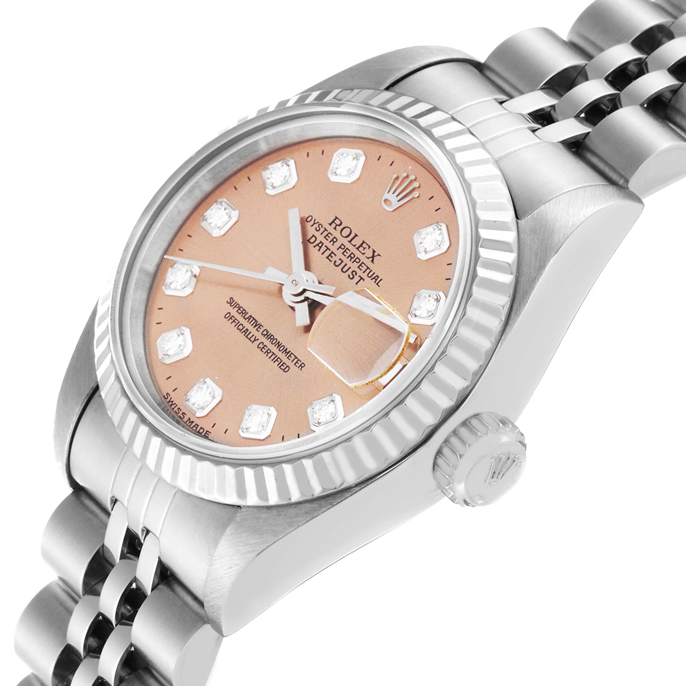 This image shows a Rolex Datejust 69174 Women's Stainless Steel Pink Dial 69174 Women's Stainless Steel Pink Dial watch at an angled side view, displaying the dial, bezel, and part of the bracelet.