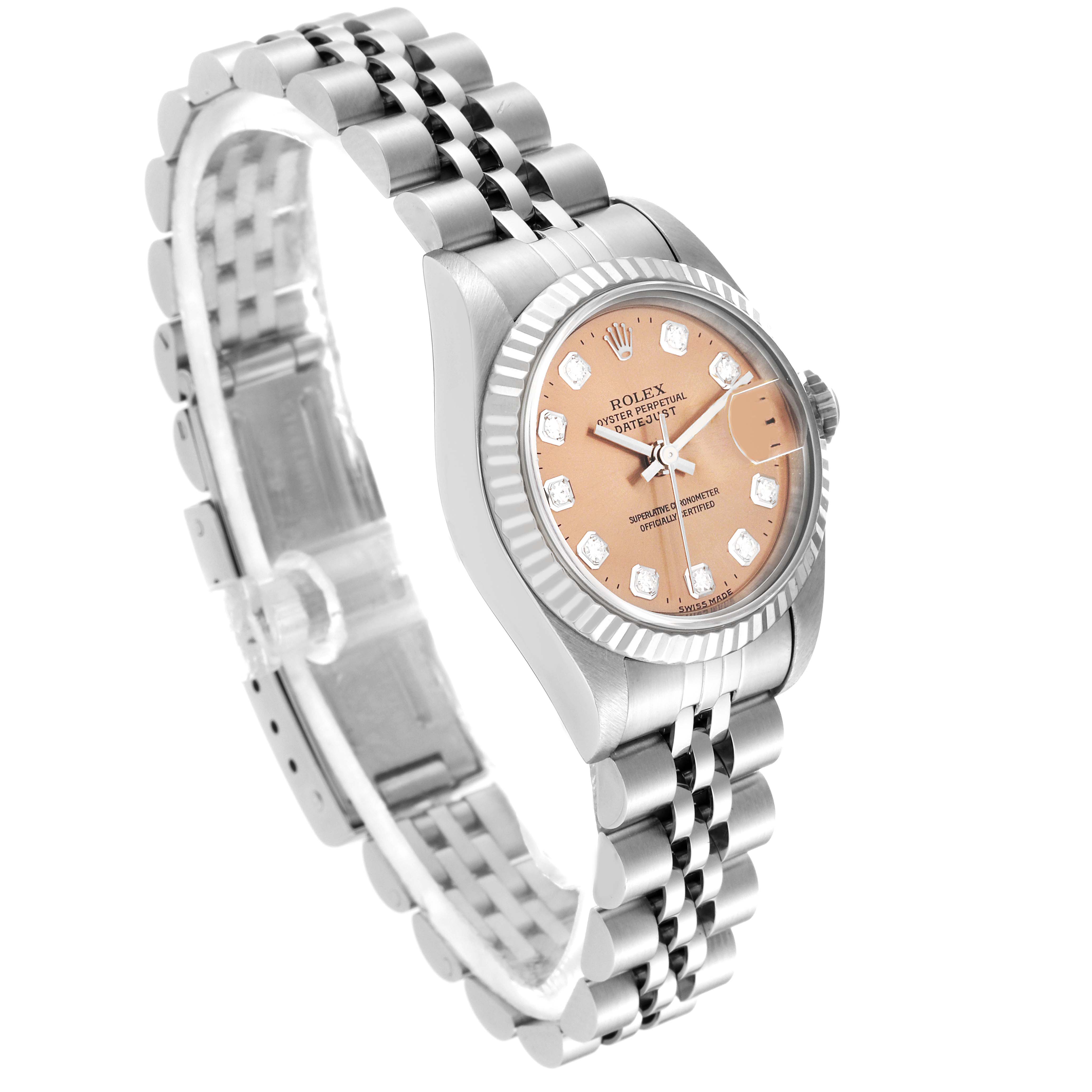 The image shows a Rolex Datejust 69174 Women's Stainless Steel Pink Dial 69174 Women's Stainless Steel Pink Dial watch from a three-quarter angle, highlighting its face, bezel, and bracelet.
