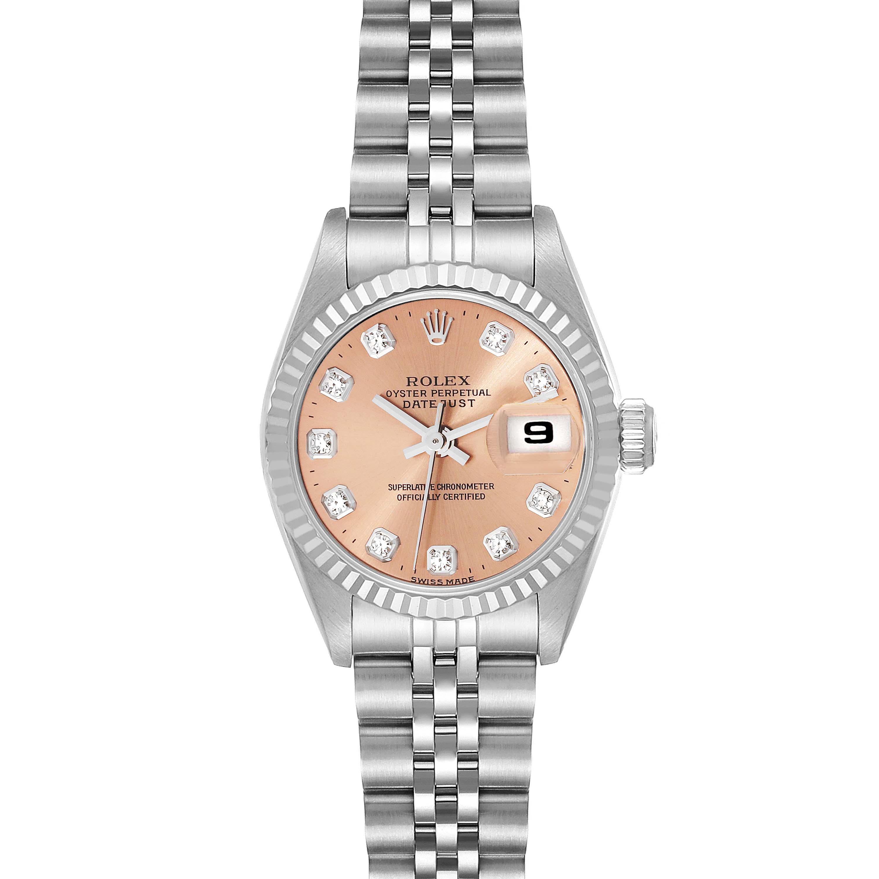 This is a Rolex Datejust 69174 Women's Stainless Steel Pink Dial 69174 Women's Stainless Steel Pink Dial watch shown from a top-down angle, highlighting the dial, bracelet, and bezel.