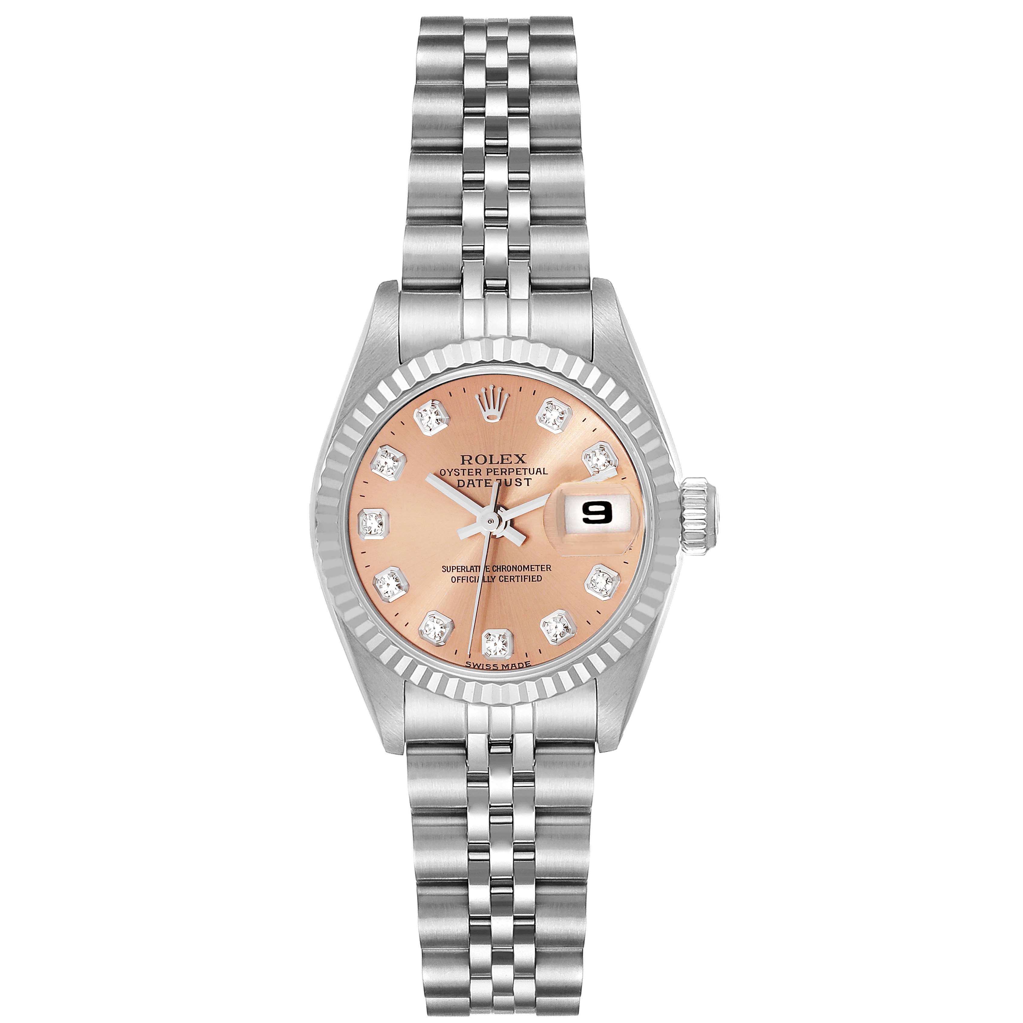 This image shows a Rolex Datejust 69174 Women's Stainless Steel Pink Dial 69174 Women's Stainless Steel Pink Dial watch from a top-down angle, featuring the face, bezel, and bracelet.