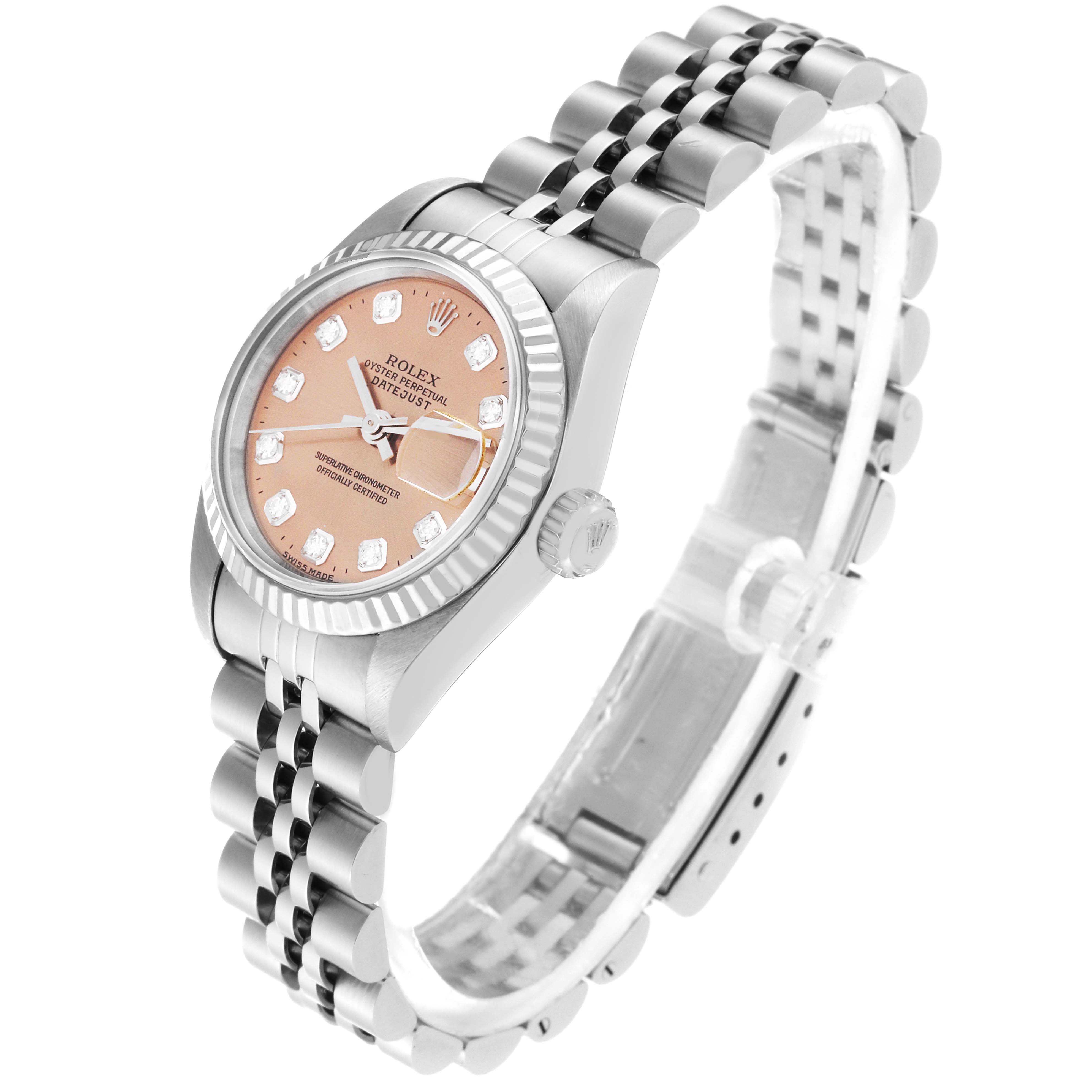 The image shows a Rolex Datejust 69174 Women's Stainless Steel Pink Dial 69174 Women's Stainless Steel Pink Dial watch in a three-quarter angle, emphasizing the dial, bezel, crown, and bracelet.